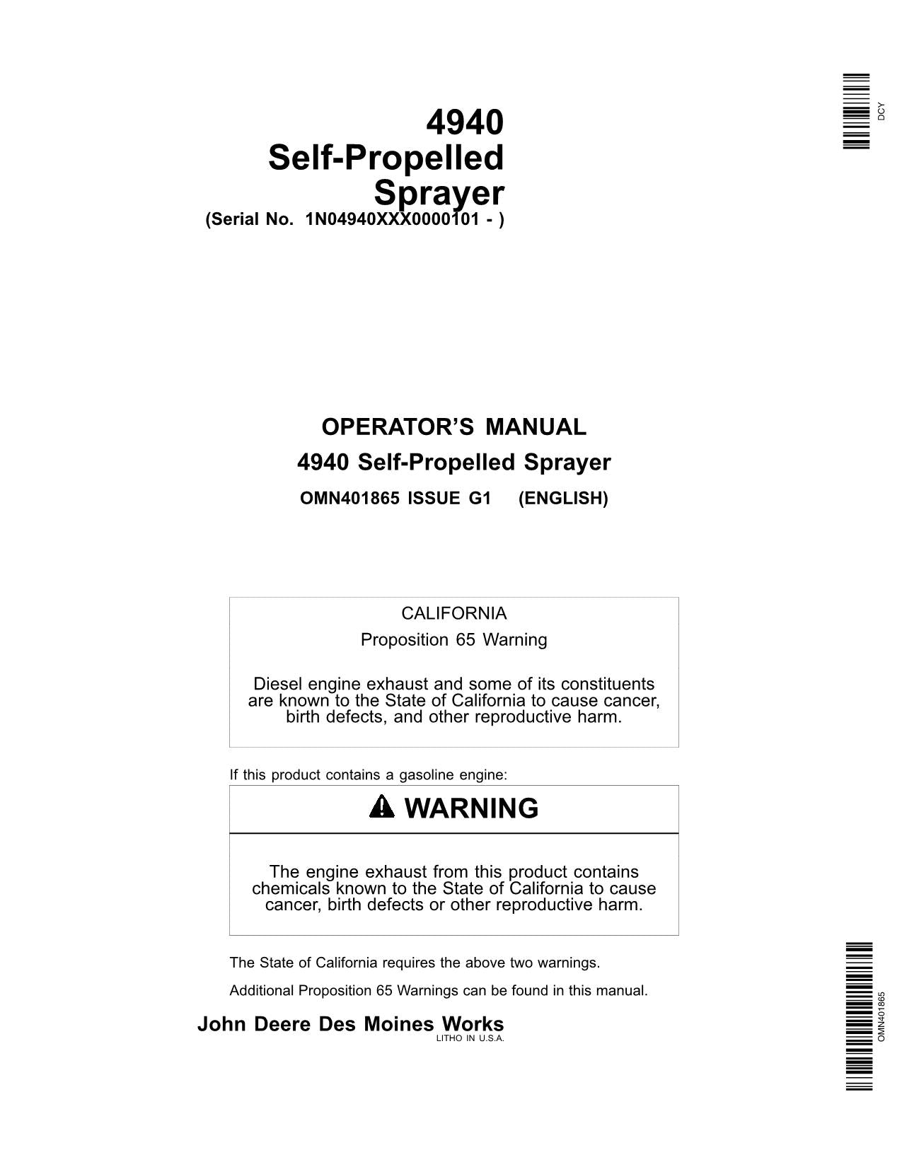 JOHN DEERE 4940 SPRAYER OPERATORS MANUAL 000101-023000