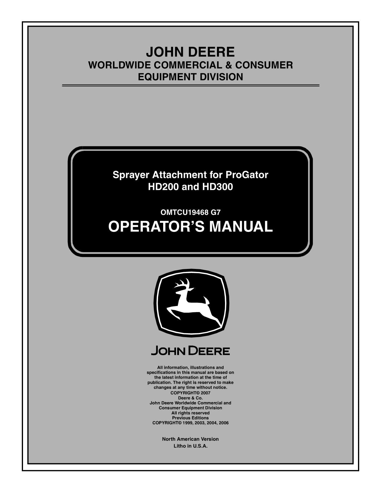 JOHN DEERE 2020 2030 PROGATOR HD300 HD200 SPRAYER OPERATORS MANUAL