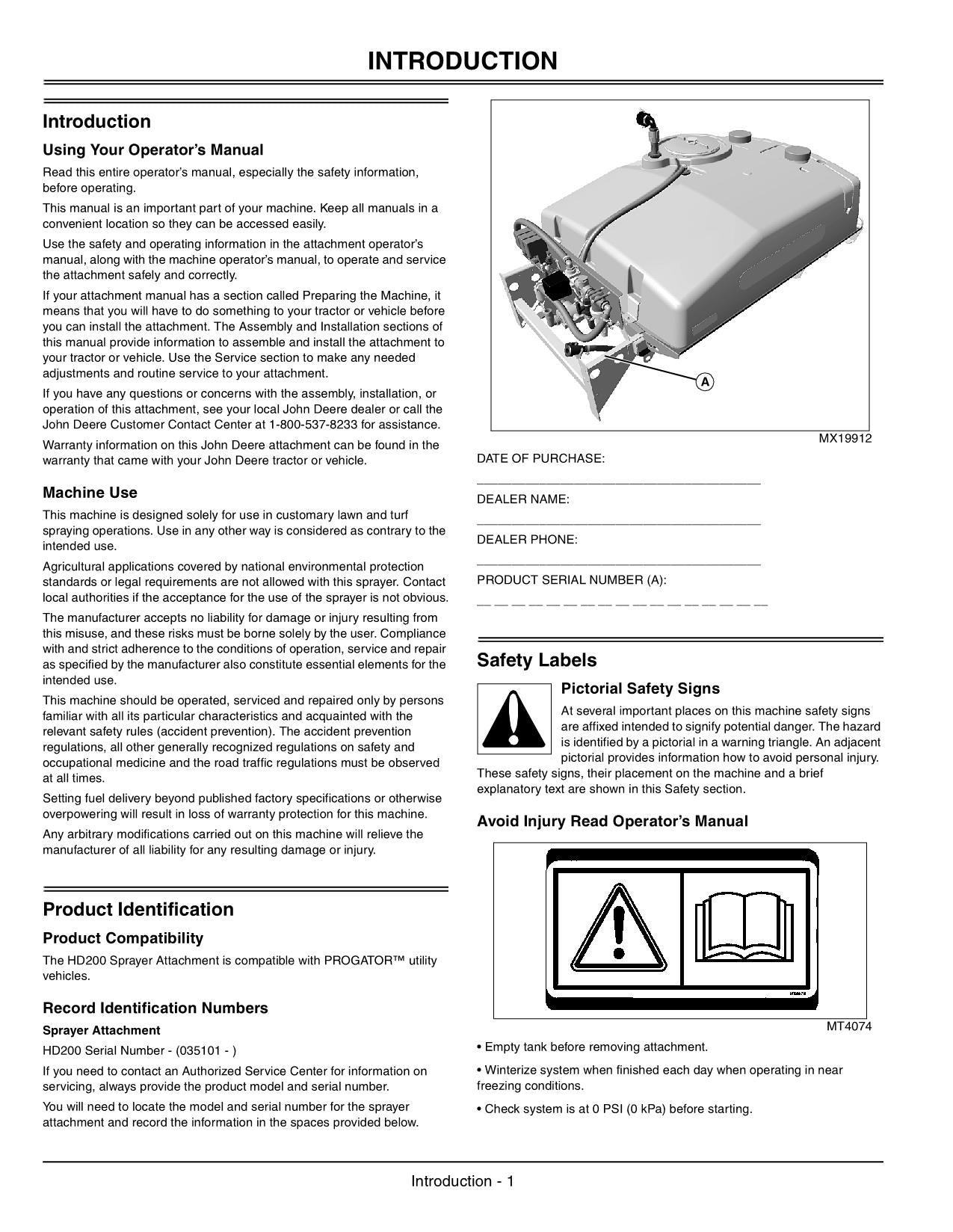 JOHN DEERE HD200 SPRAYER OPERATORS MANUAL