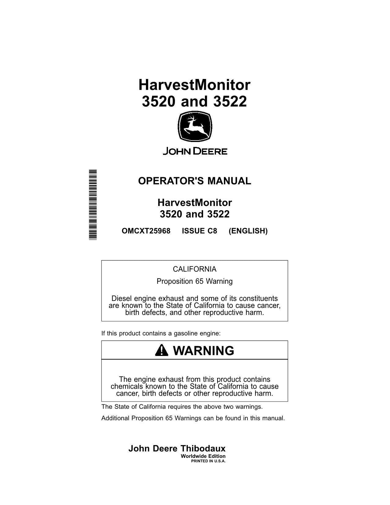 JOHN DEERE 3520 3522 Monitor HARVESTER OPERATORS MANUAL