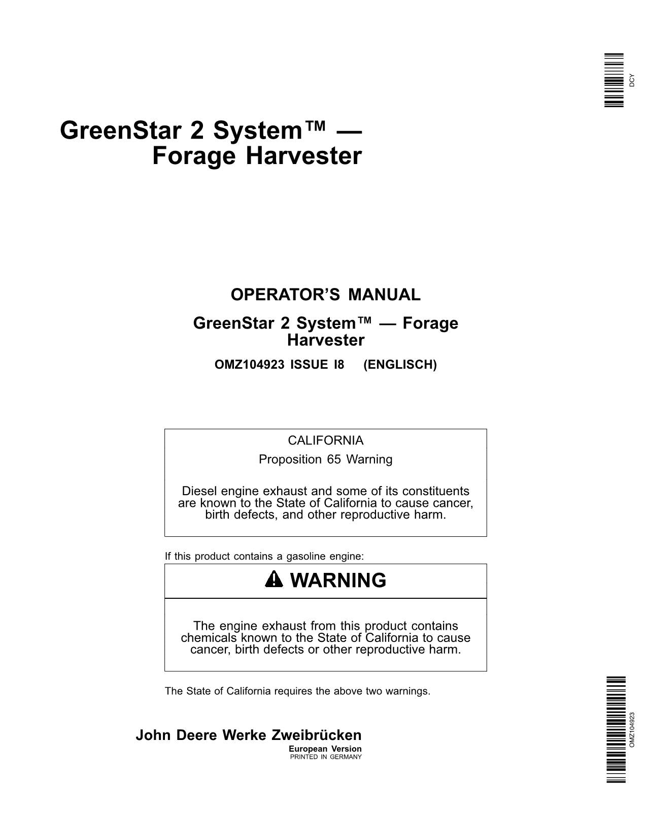 JOHN DEERE GreenStar 2 System-Feldhäcksler-BEDIENUNGSANLEITUNG