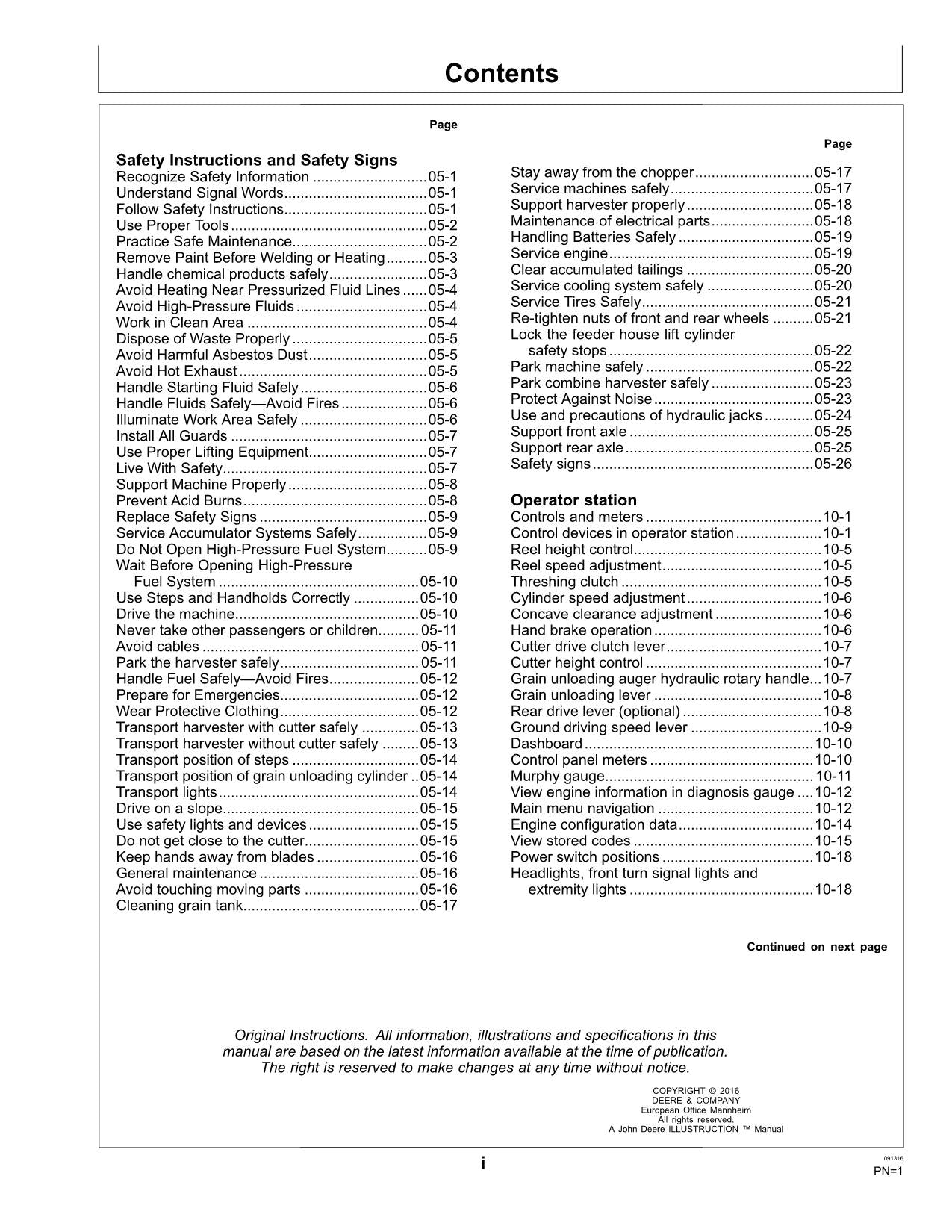 JOHN DEERE 4LZ-7 C110 COMBINE OPERATOR MANUAL