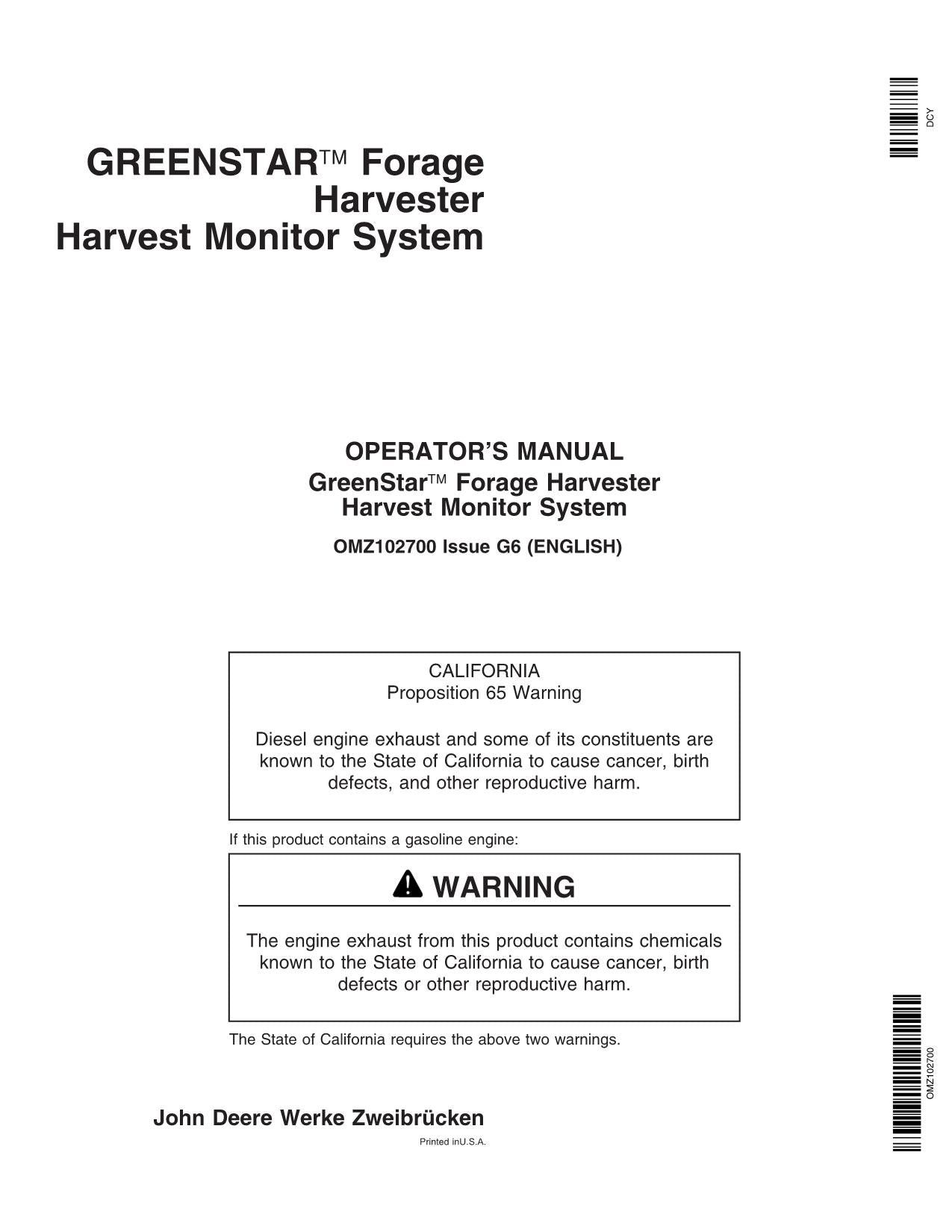 JOHN DEERE AMS GREENSTAR MONITOR SYSTEM HARVESTER OPERATORS MANUAL #1