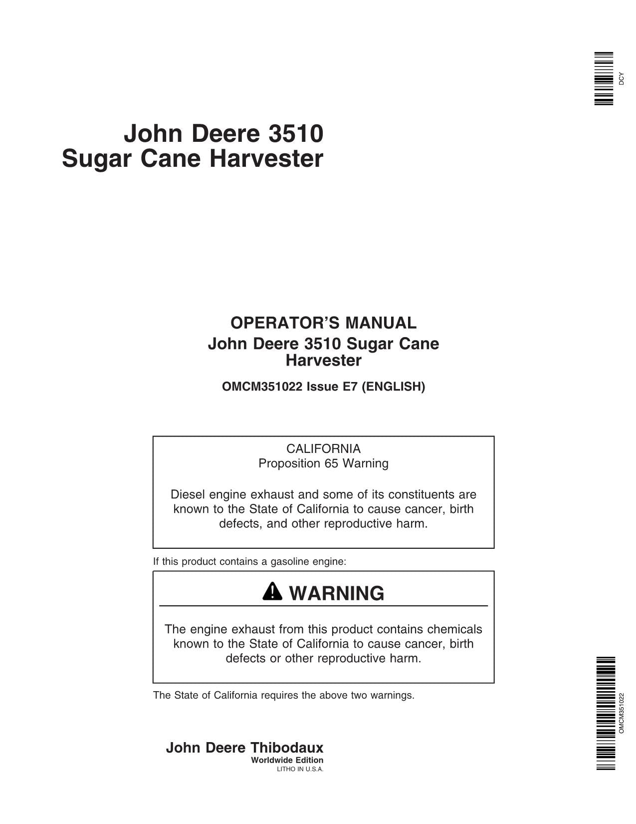 JOHN DEERE 3510 HARVESTER OPERATORS MANUAL #1