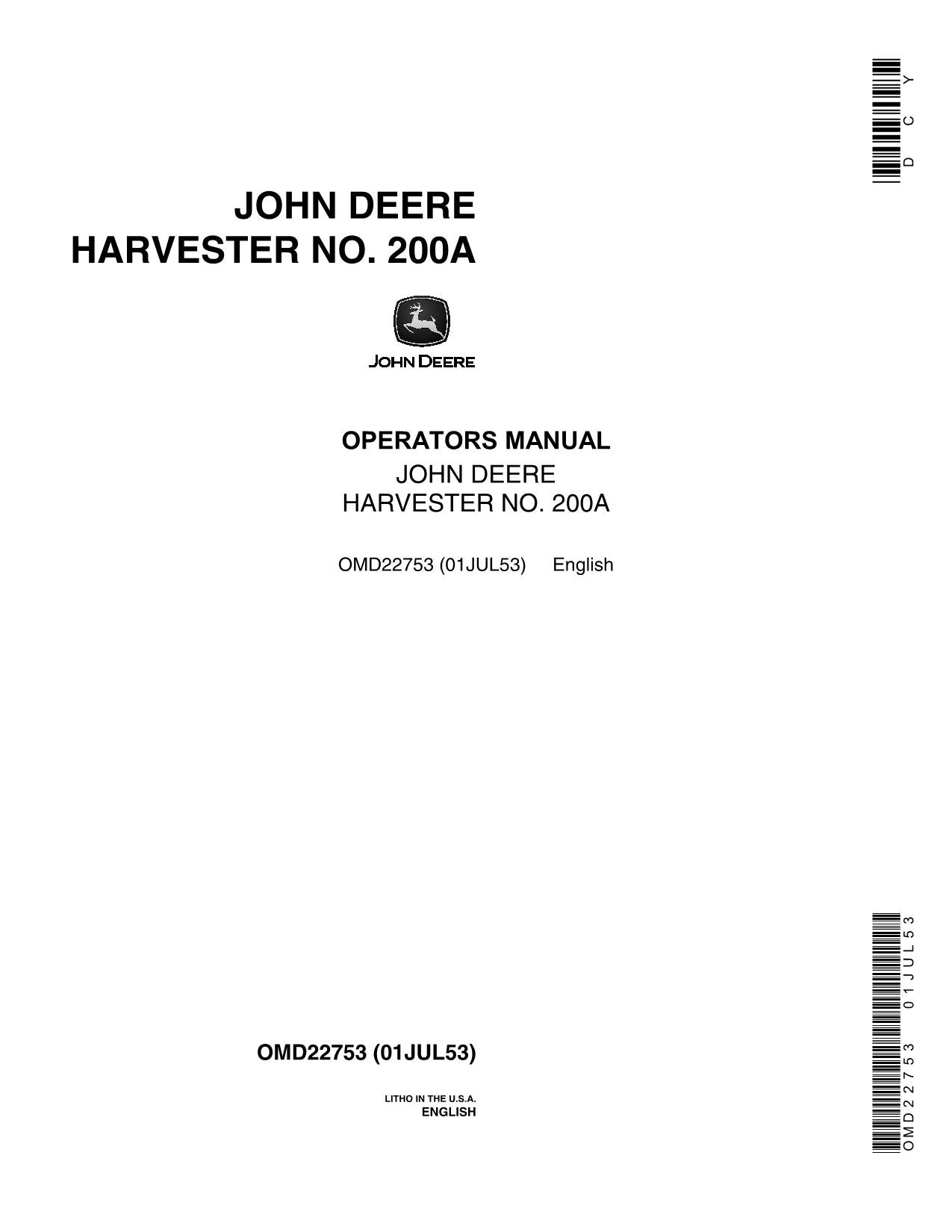 JOHN DEERE 200A HARVESTER OPERATORS MANUAL