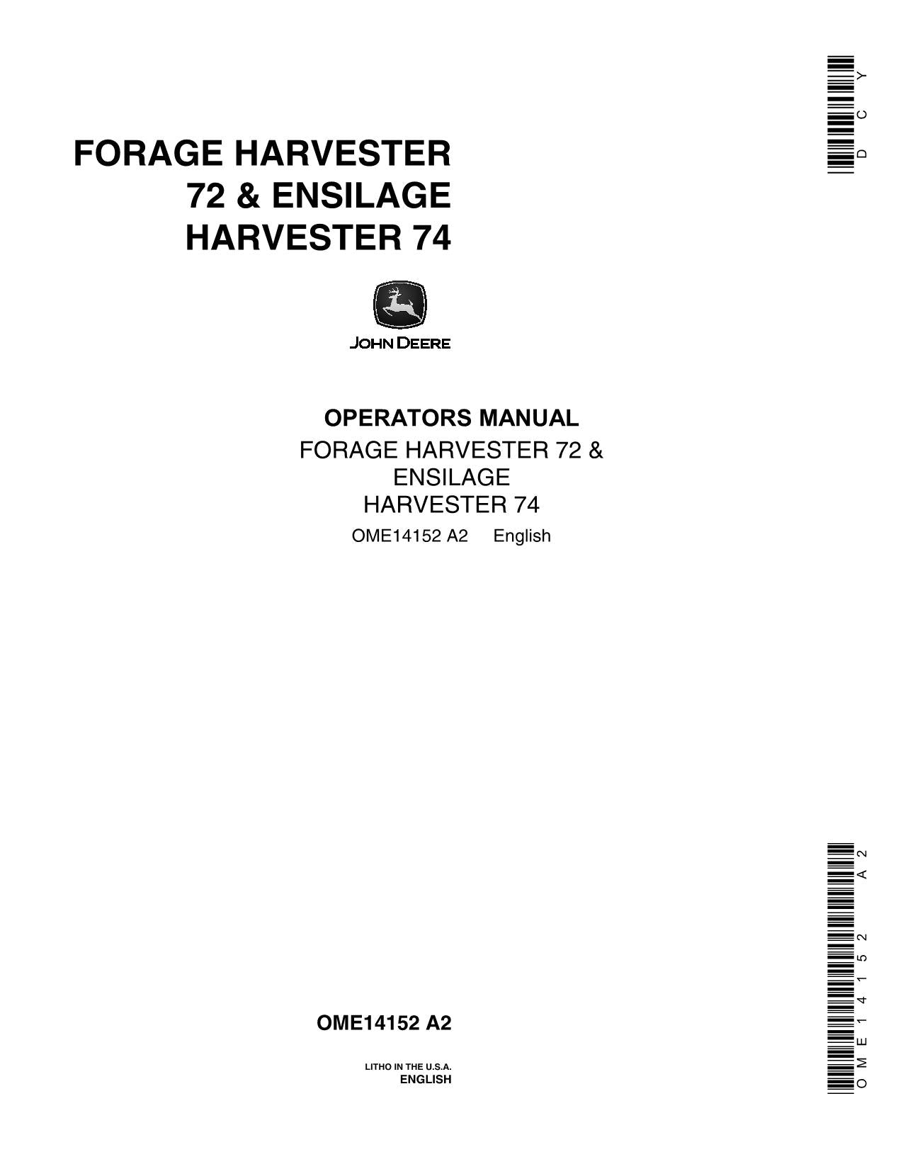 JOHN DEERE 72 74 HARVESTER OPERATORS MANUAL