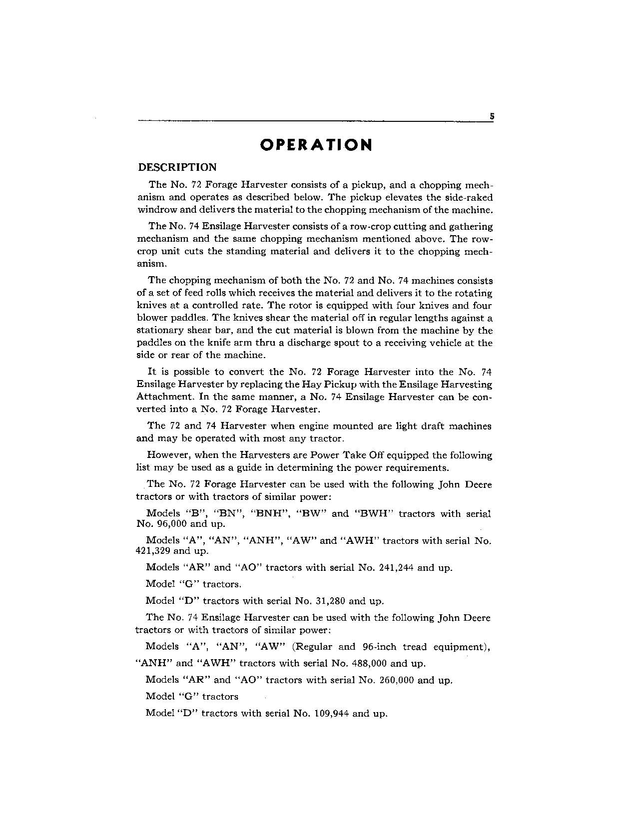 JOHN DEERE 72 74 HARVESTER OPERATORS MANUAL