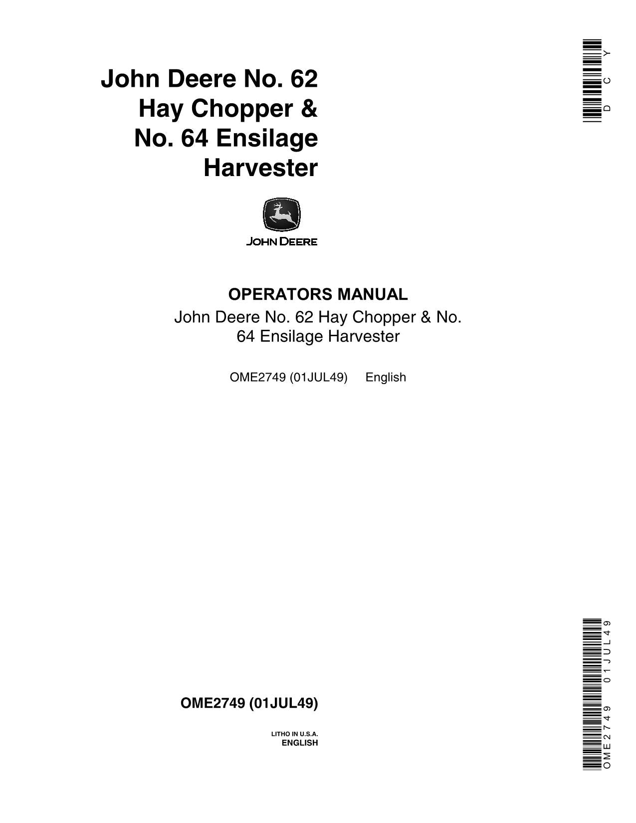 JOHN DEERE 62 64 HARVESTER OPERATORS MANUAL