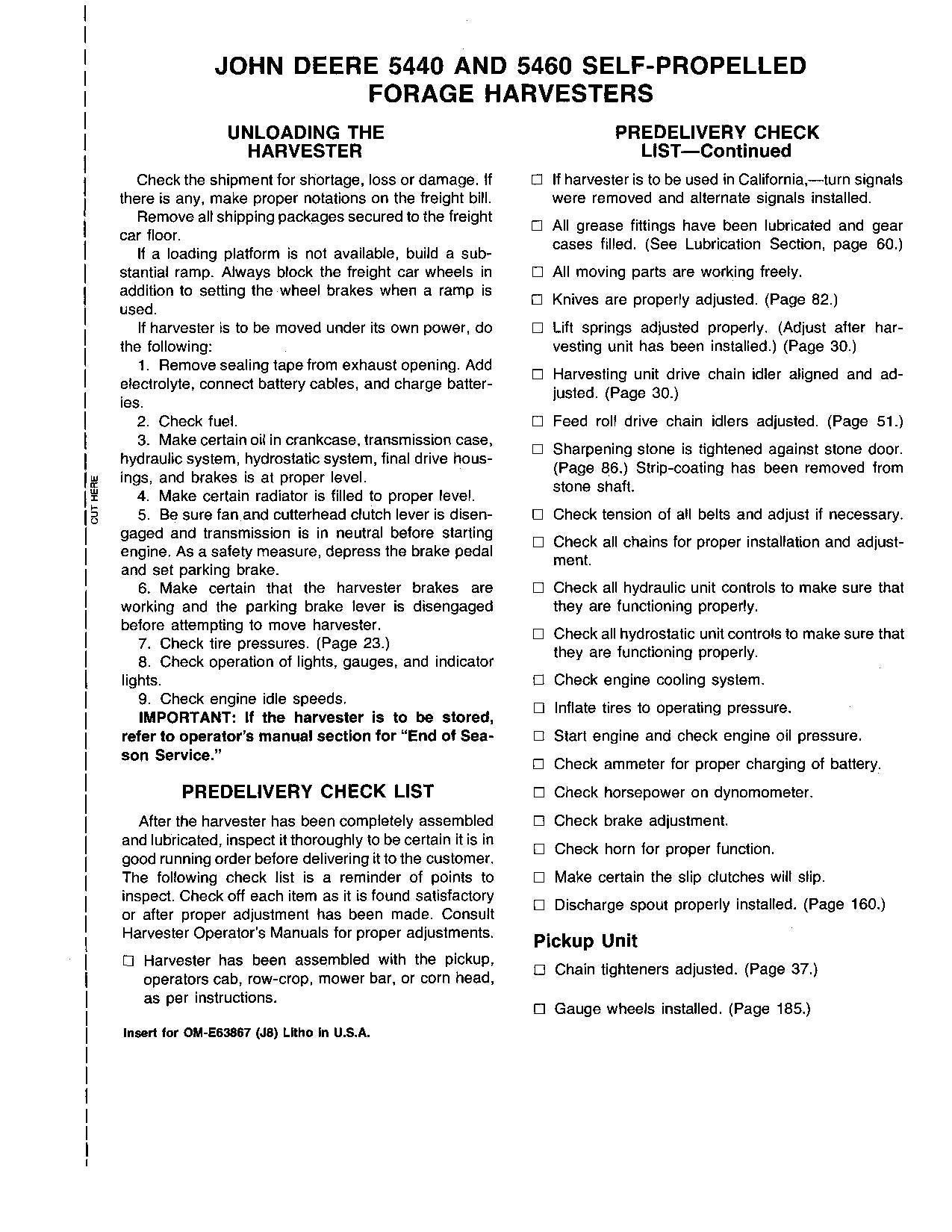 JOHN DEERE 5440 5460 HARVESTER OPERATORS MANUAL