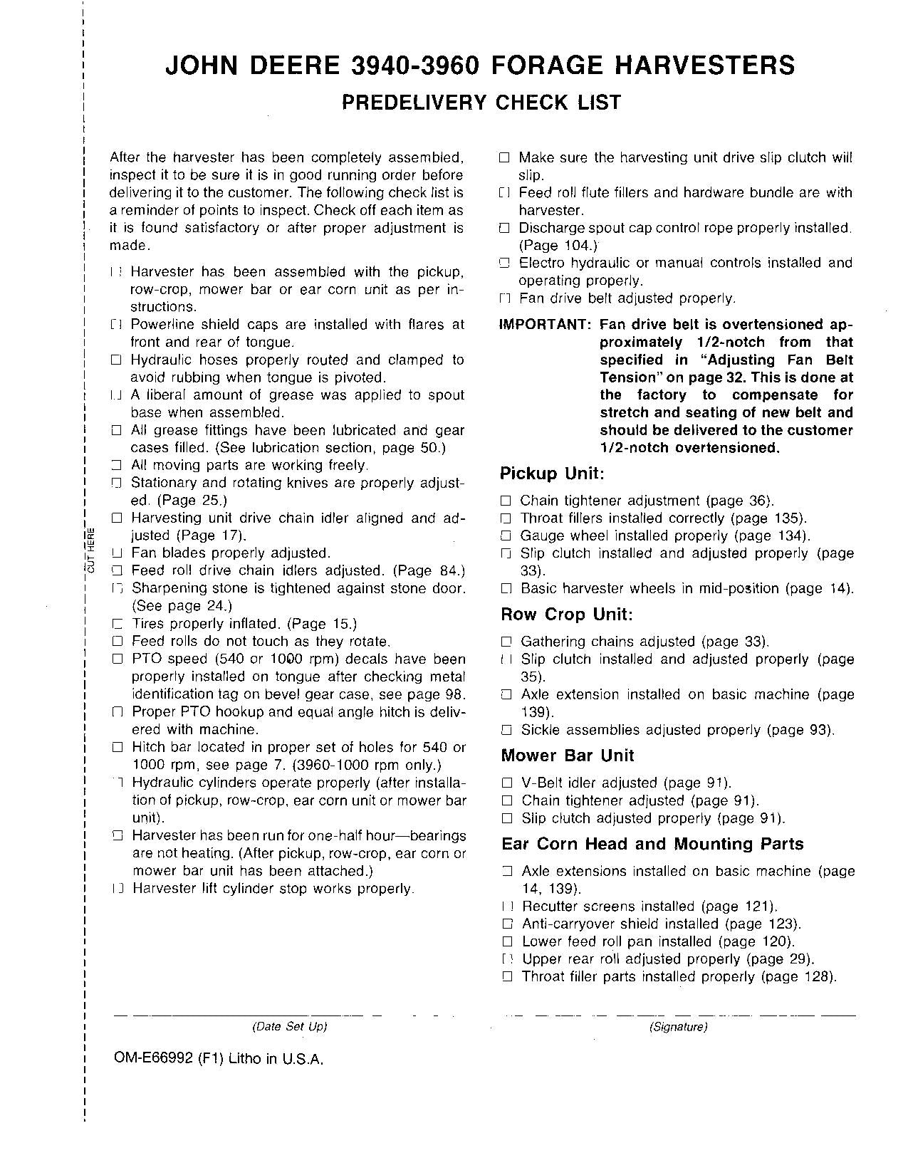 JOHN DEERE 3940 3960 HARVESTER OPERATORS MANUAL