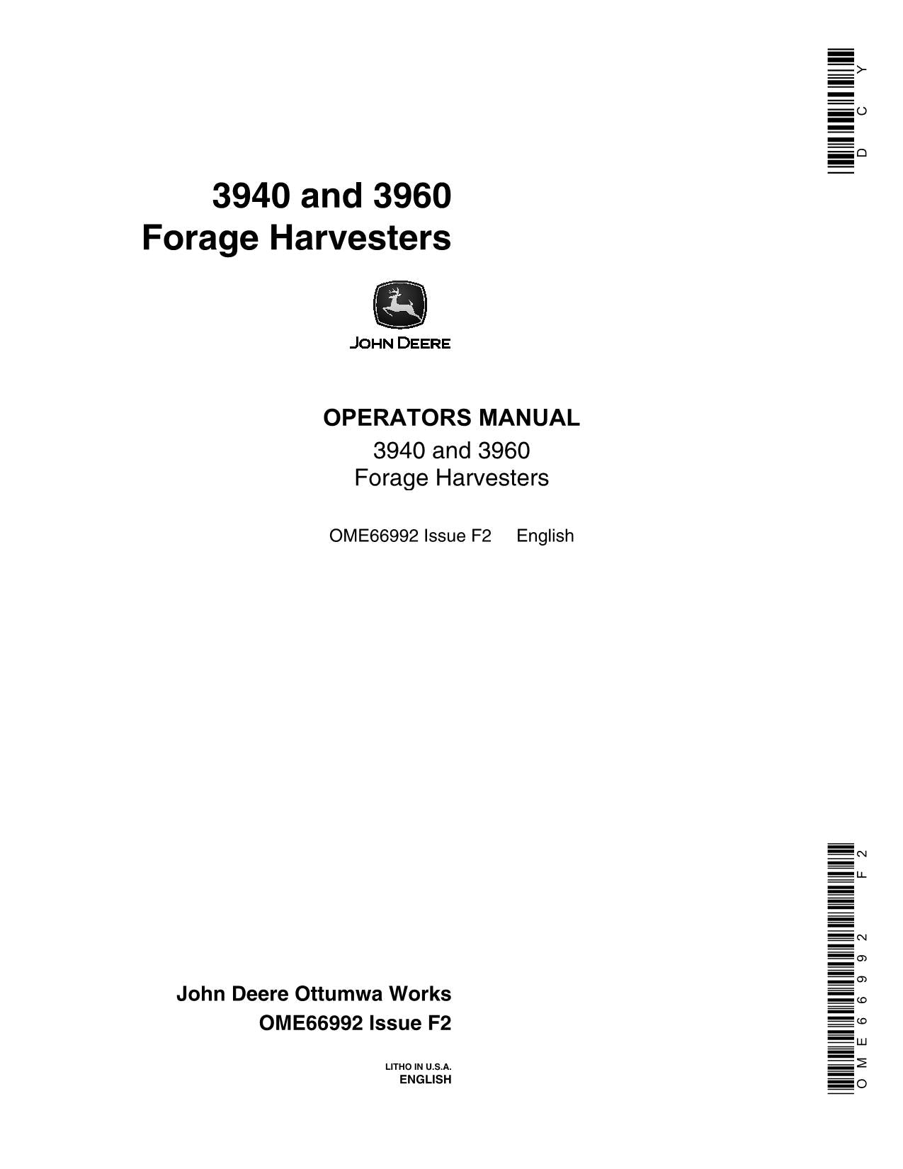 JOHN DEERE 3940 3960 HARVESTER OPERATORS MANUAL