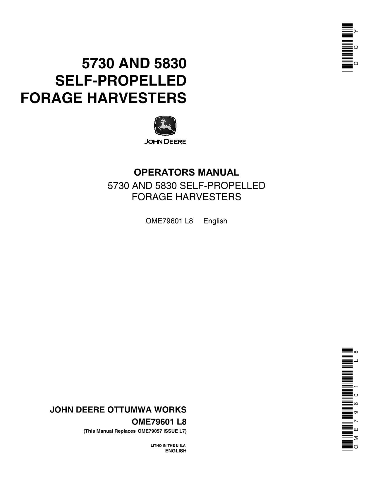 JOHN DEERE 5730 5830 HARVESTER OPERATORS MANUAL