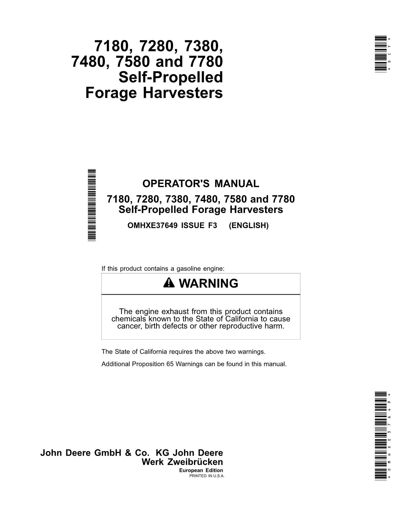 JOHN DEERE 7180 7280 7380 7480 7580 7780 HARVESTER OPERATORS MANUAL #1