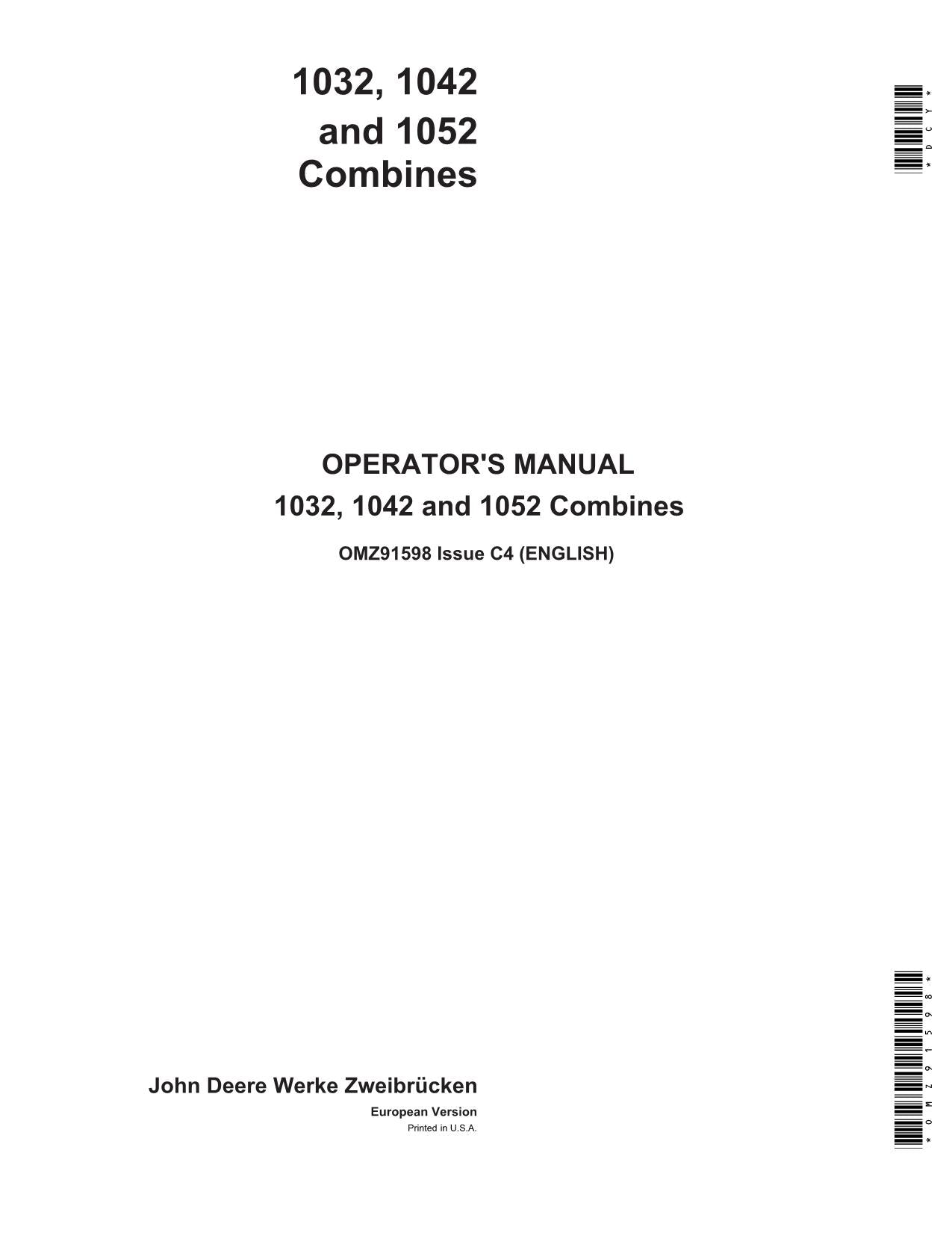 JOHN DEERE 1032 1042 1052  COMBINE OPERATOR MANUAL #1