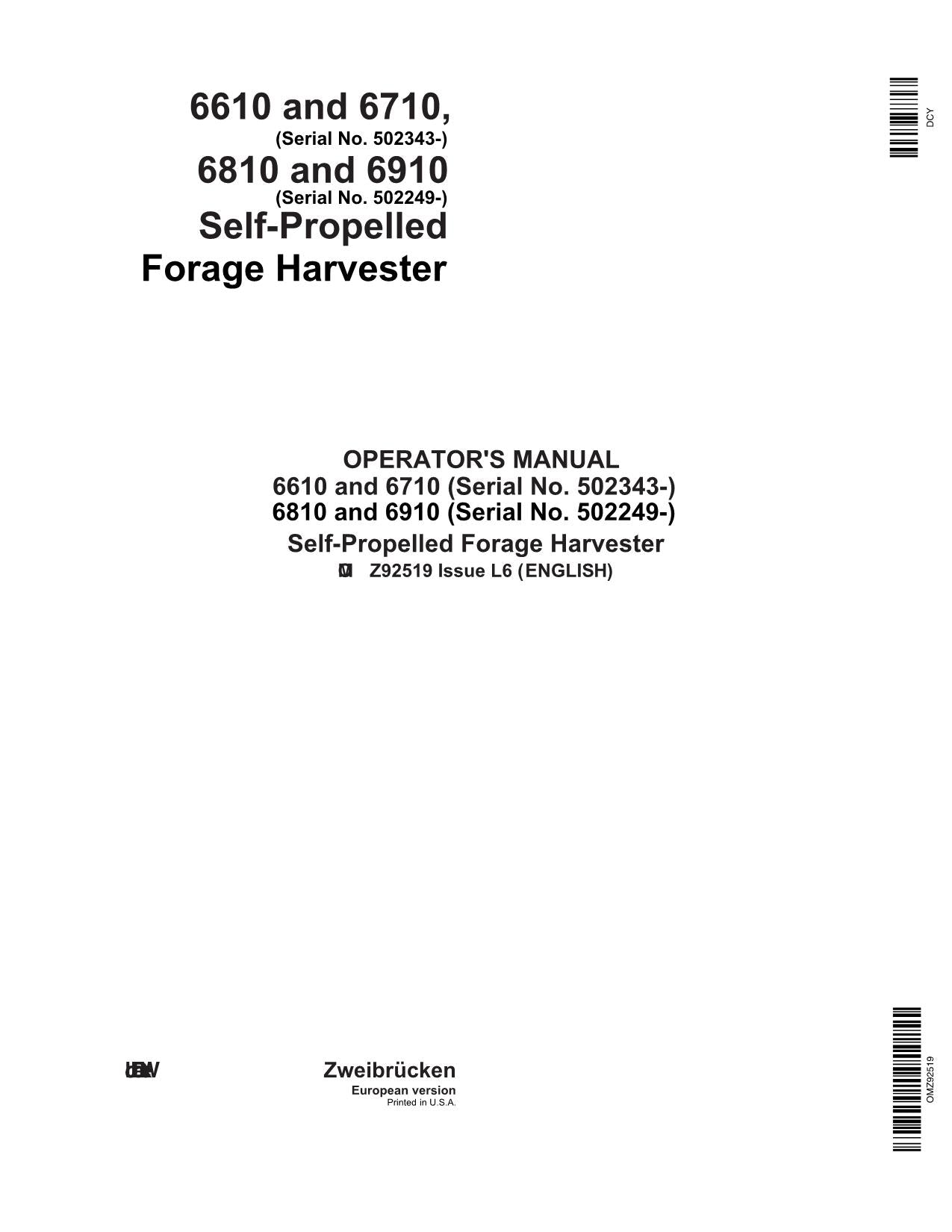 JOHN DEERE 6610 6710 6810 6910 HARVESTER OPERATORS MANUAL #6