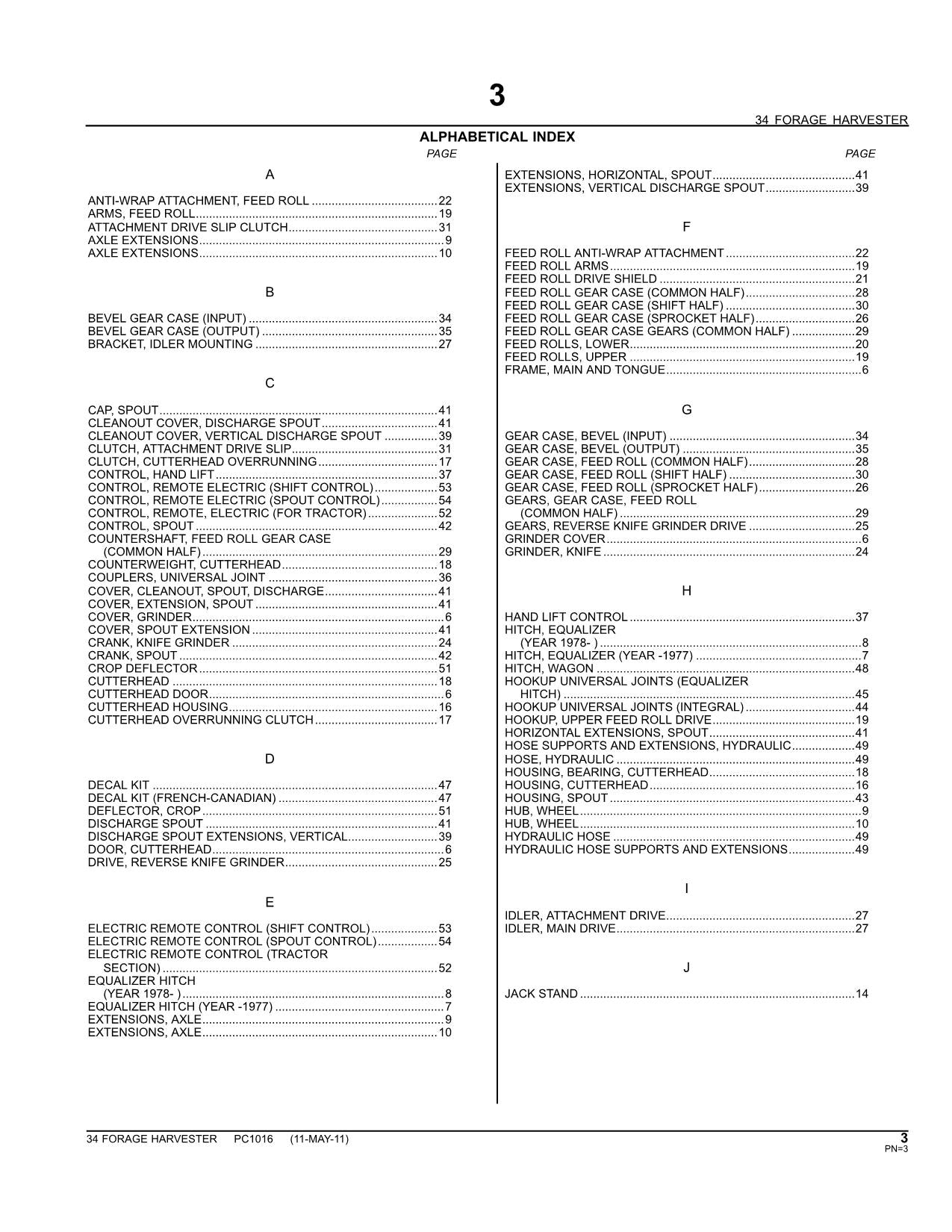 JOHN DEERE FORAGE 34 HARVESTER PARTS CATALOG MANUAL