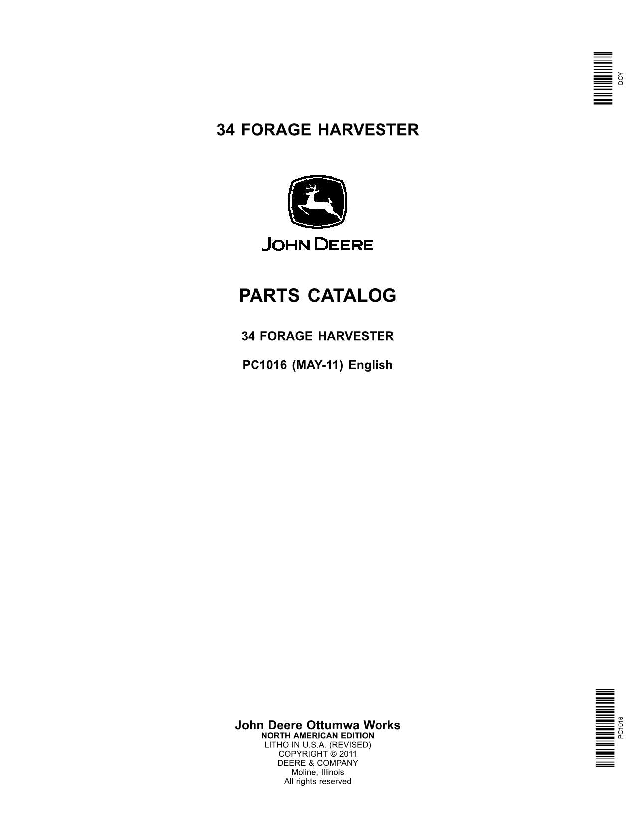 JOHN DEERE FORAGE 34 HARVESTER PARTS CATALOG MANUAL