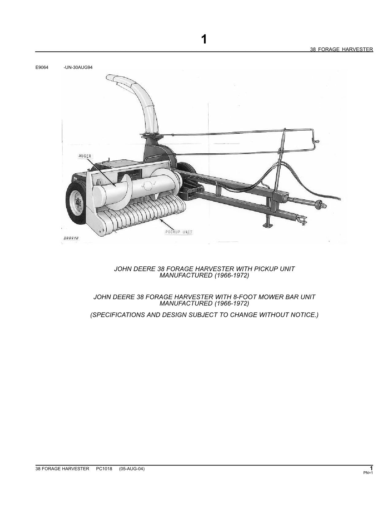 JOHN DEERE 38 FORAGE HARVESTER PARTS CATALOG MANUAL