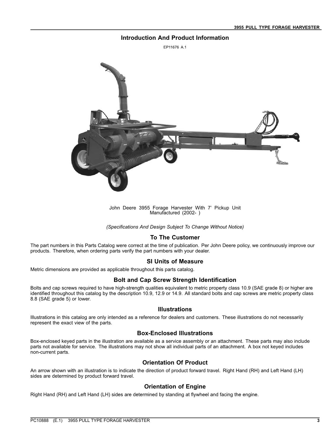 JOHN DEERE 3955 HARVESTER PARTS CATALOG MANUAL