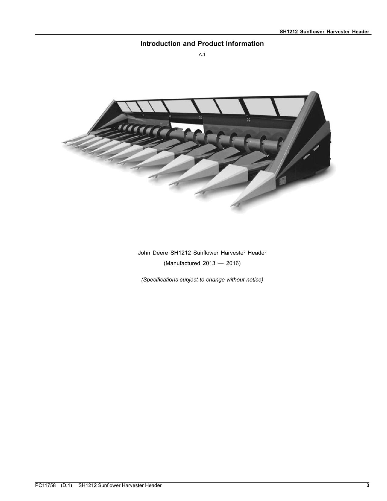 JOHN DEERE SH1212 SUNFLOWER HARVESTER HEADER PARTS CATALOG MANUAL