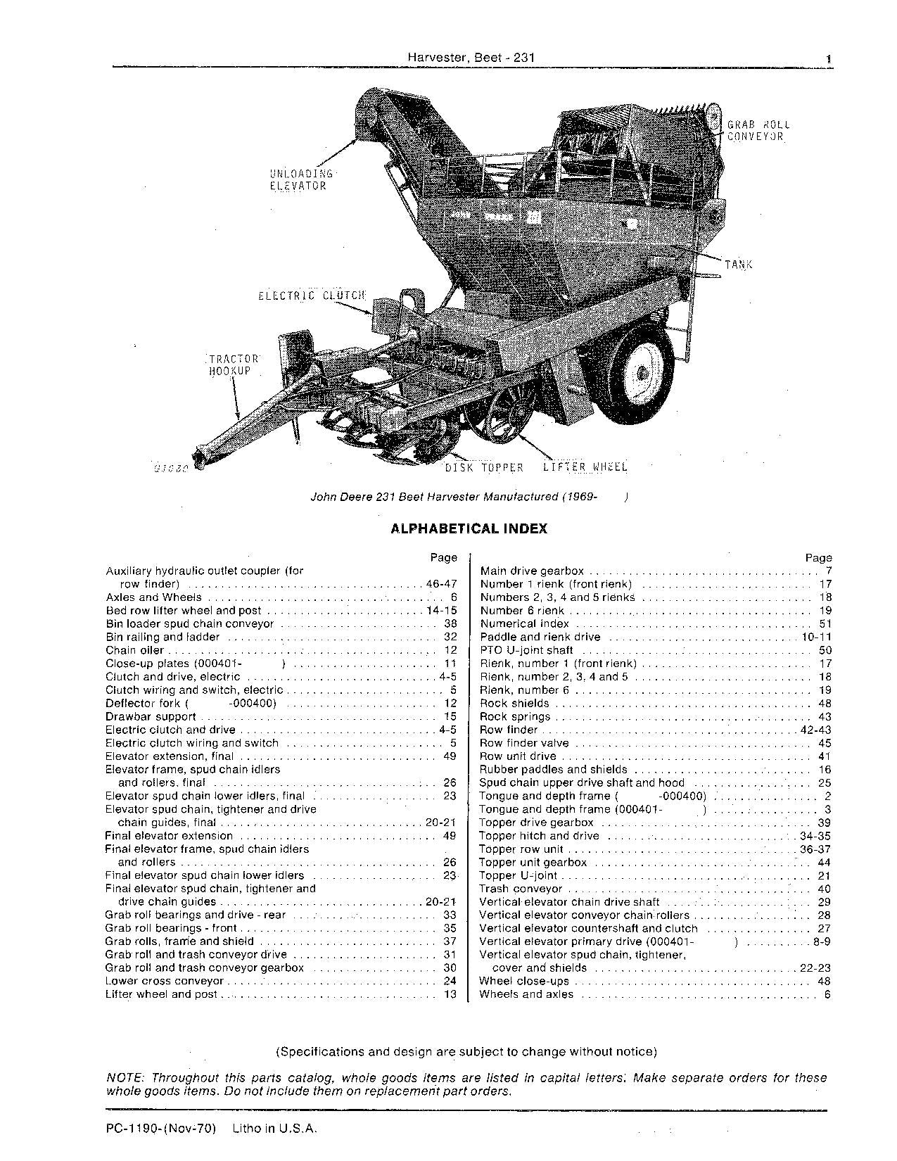 JOHN DEERE 231 BEET HARVESTER PARTS CATALOG MANUAL