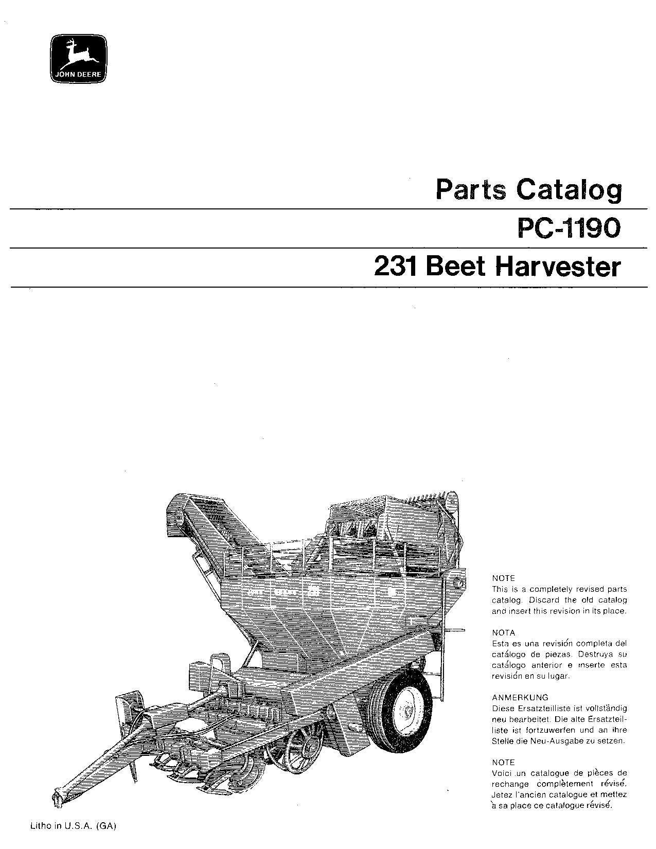 JOHN DEERE 231 BEET HARVESTER PARTS CATALOG MANUAL