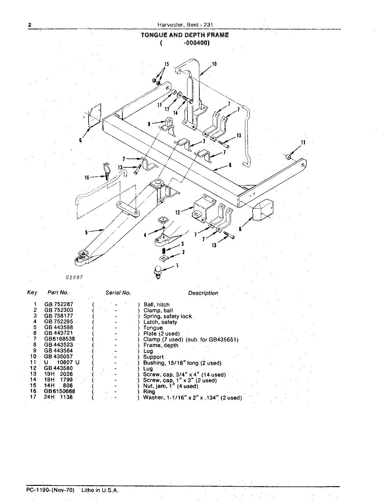 JOHN DEERE 231 BEET HARVESTER PARTS CATALOG MANUAL