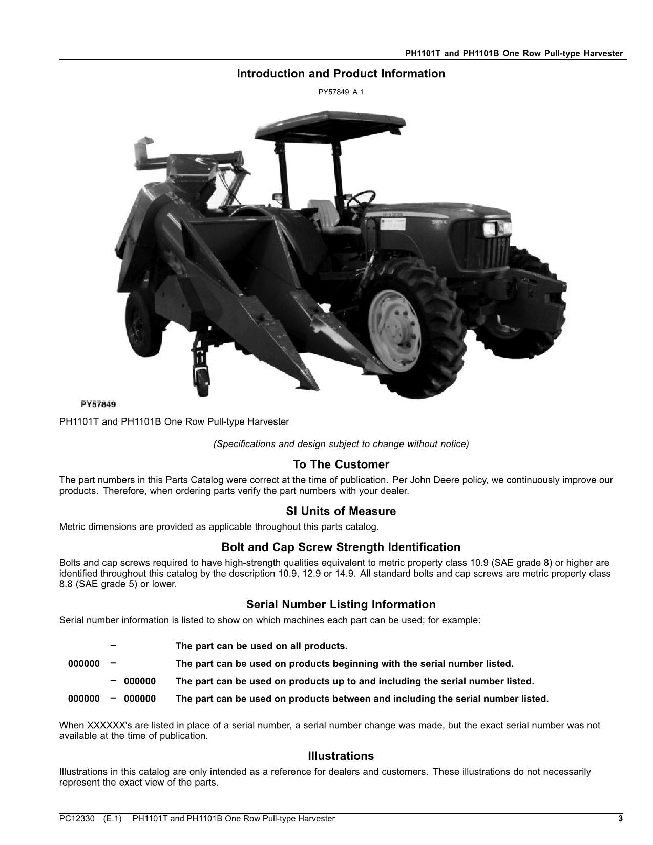 JOHN DEERE PH1101T PH1101B ONE ROW PULL-TYRE HARVESTER PARTS CATALOG MANUAL