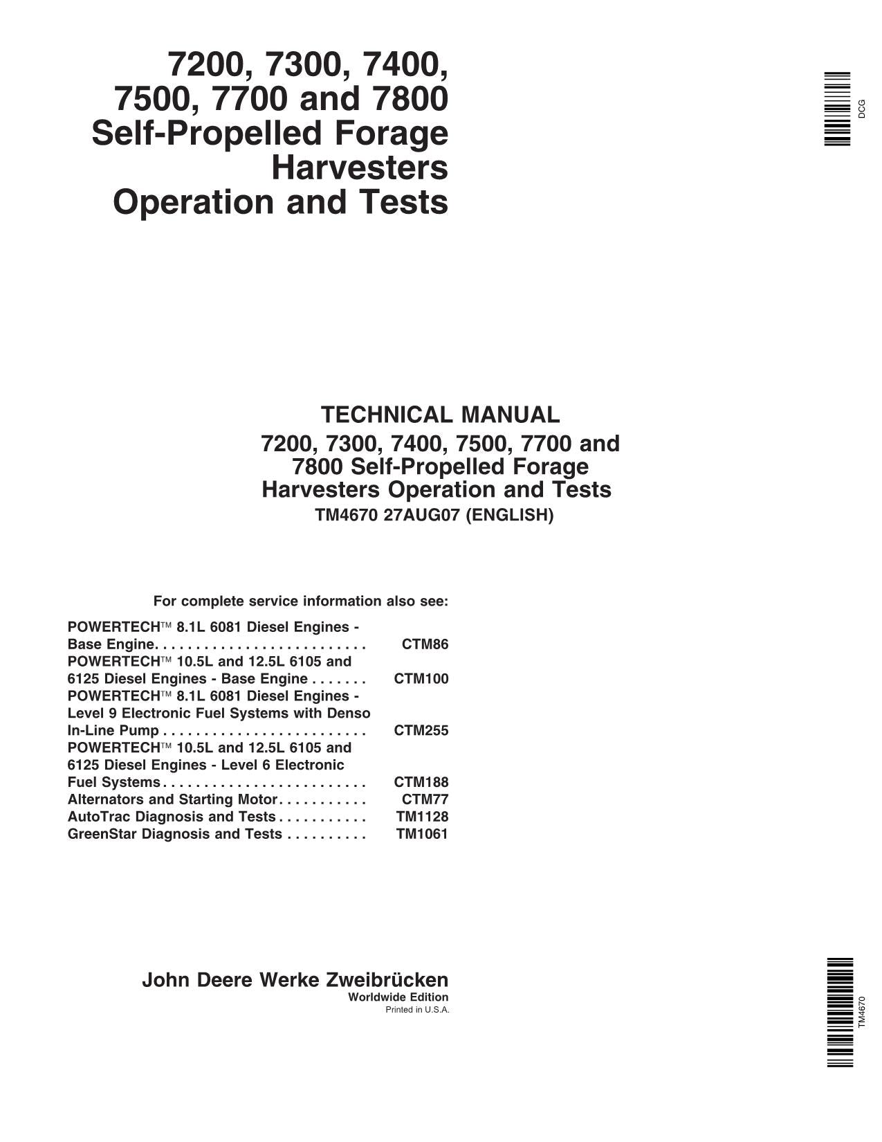 JOHN DEERE 7500 7700 7800 HARVESTER DIAGNOSTIC OPERATION TEST SERVICE MANUAL