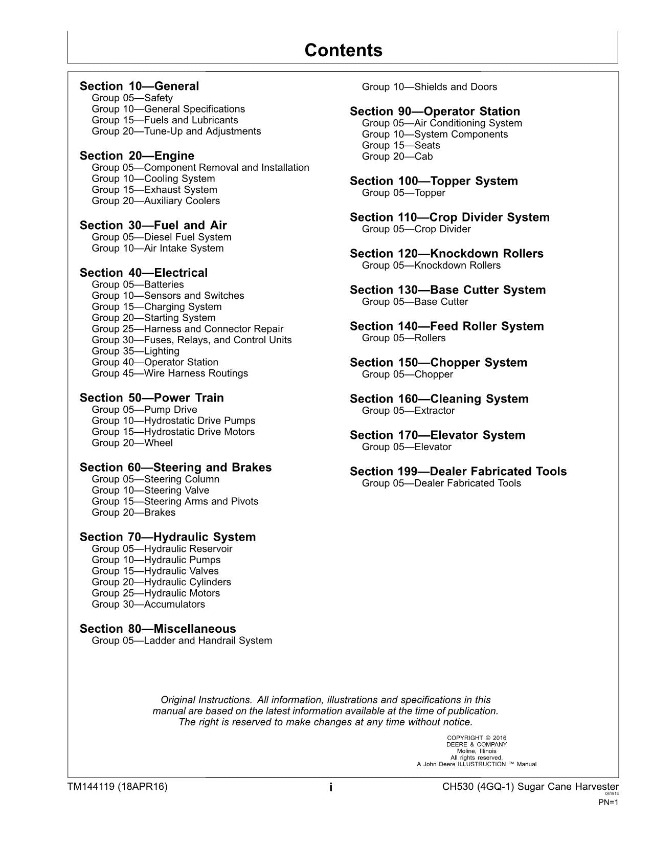 JOHN DEERE CH530 HARVESTER REPAIR SERVICE TECHNICAL MANUAL TM144119