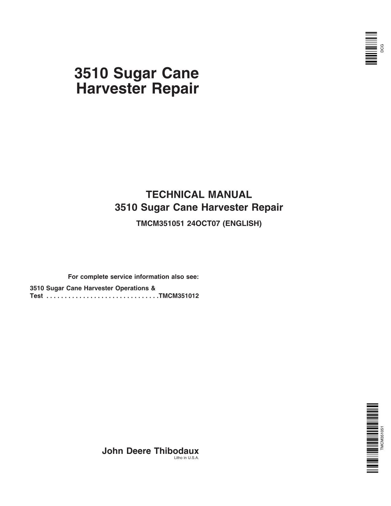 JOHN DEERE 3510 SUGAR CANE HARVESTER REPAIR SERVICE MANUAL