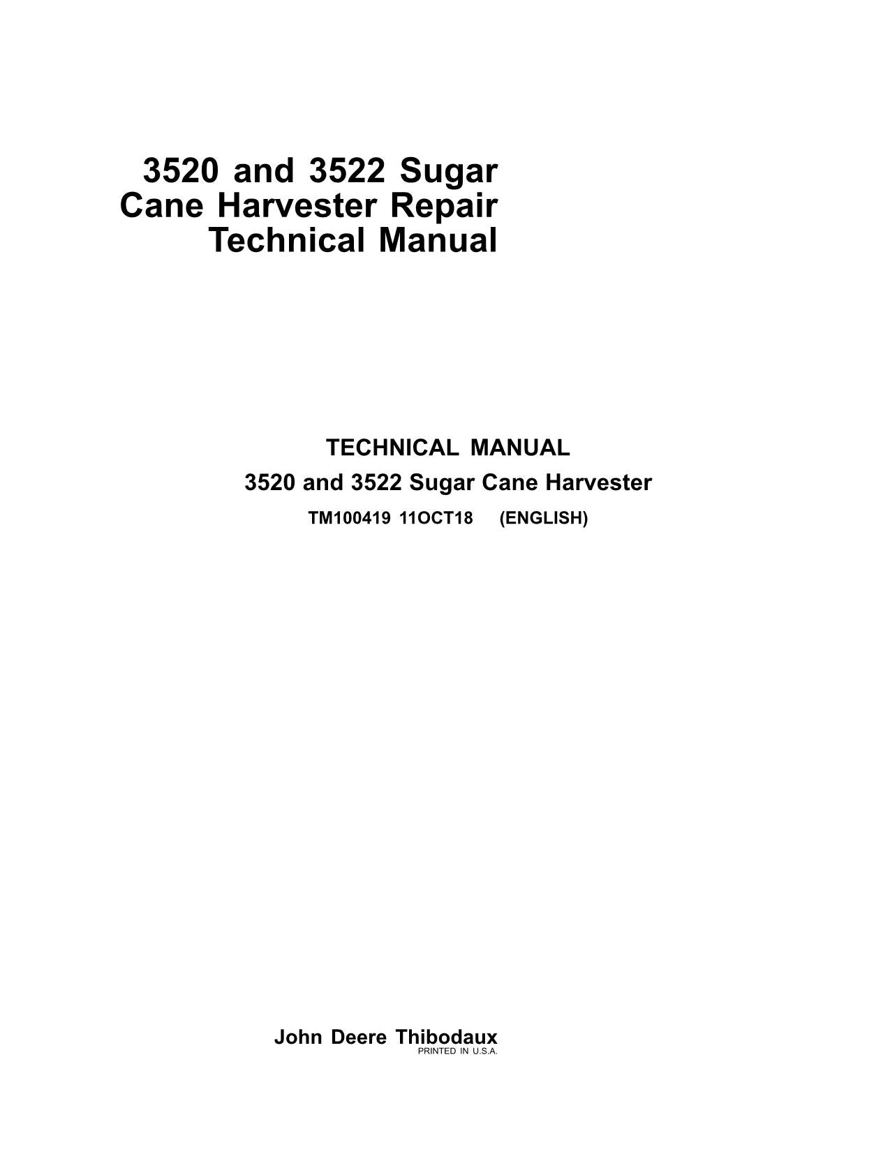 JOHN DEERE 3520 3522 HARVESTER REPAIR SERVICE TECHNICAL MANUAL TM100419