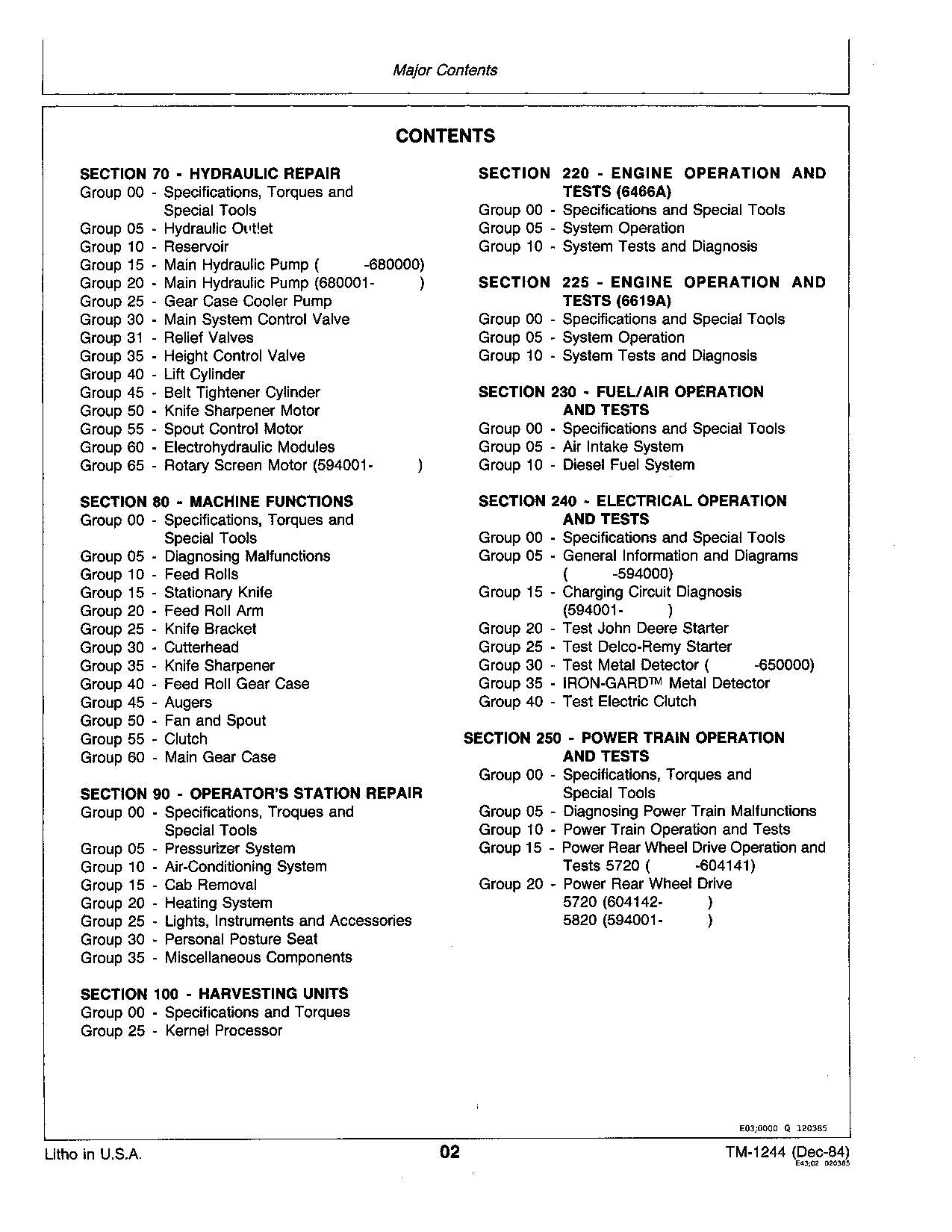 JOHN DEERE KERNEL 5720 5820 HARVESTER REPAIR SERVICE TECHNICAL MANUAL TM1244