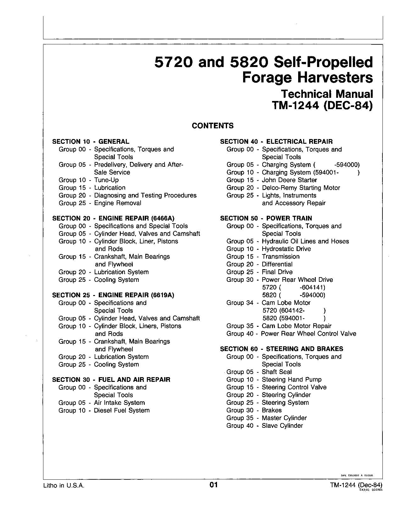 JOHN DEERE KERNEL 5720 5820 HARVESTER REPAIR SERVICE TECHNICAL MANUAL TM1244