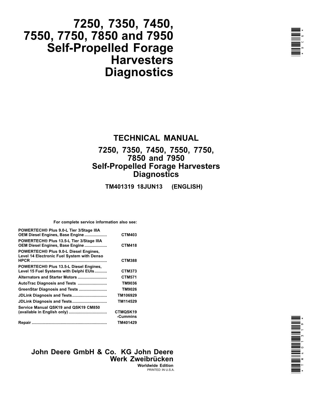 JOHN DEERE 7750 7850 7950 HARVESTER DIAGNOSTIC SERVICE MANUAL TM401319