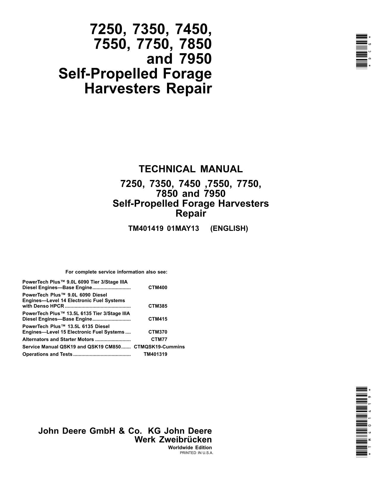 JOHN DEERE 7750 7850 7950 HARVESTER DIAGNOSTIC SERVICE MANUAL TM401419