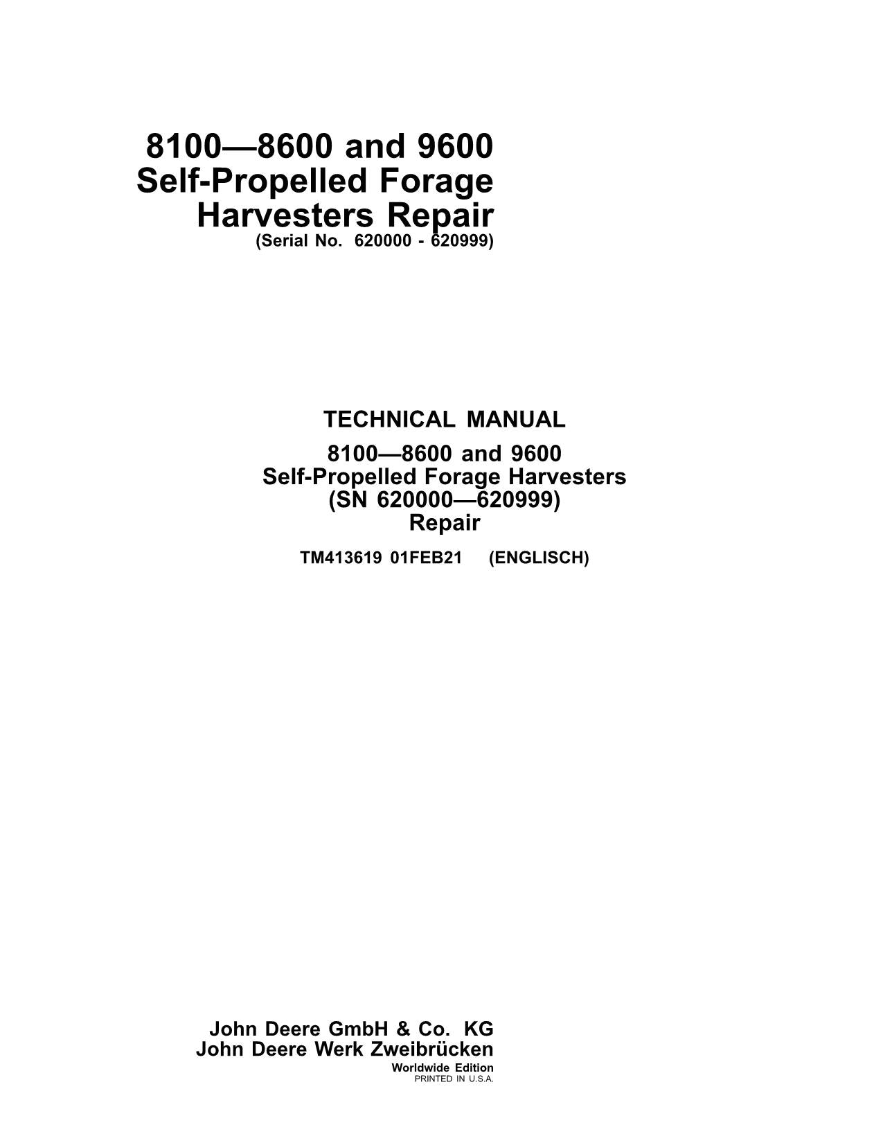 JOHN DEERE 8100 8200 8300  HARVESTER REPAIR SERVICE MANUAL 620000-620999