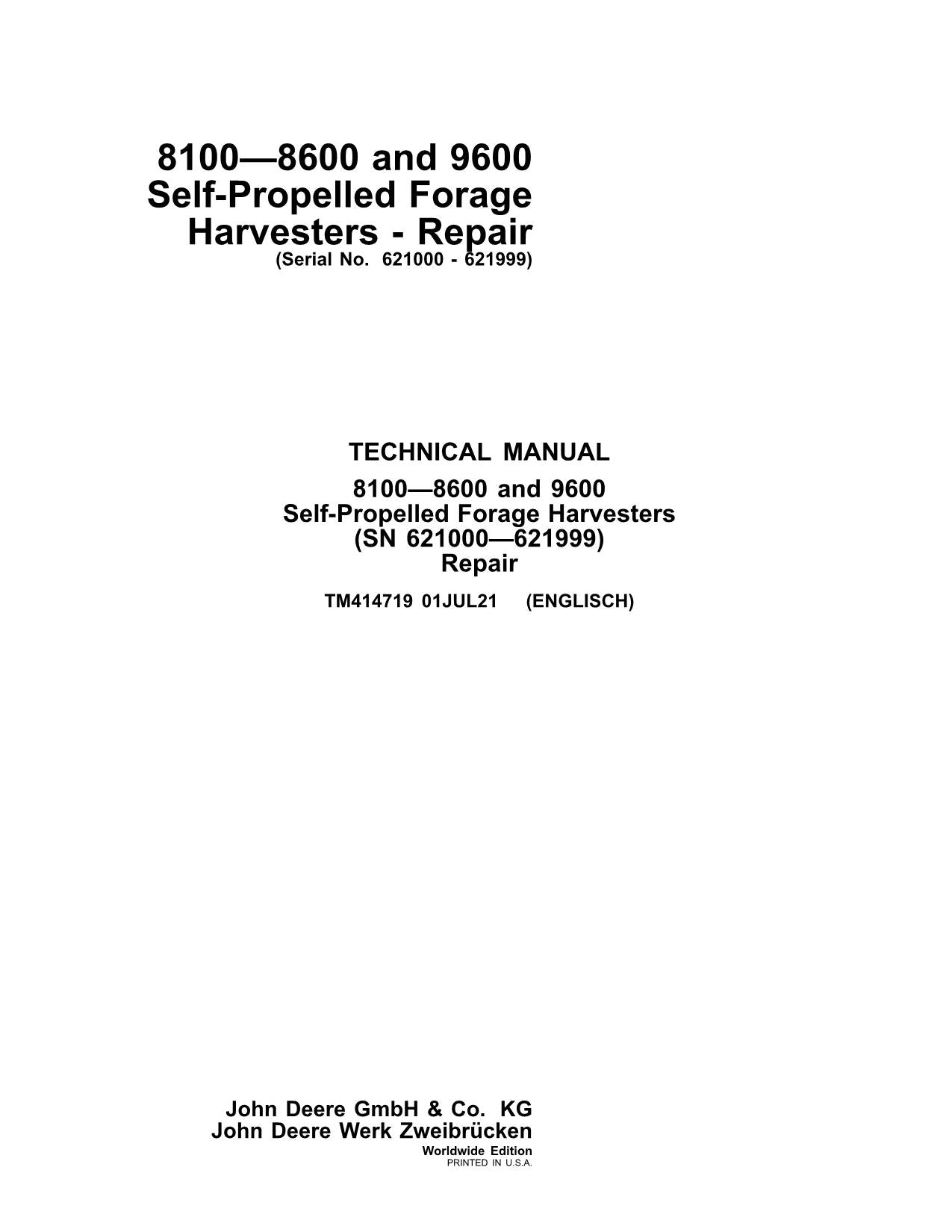 JOHN DEERE 8100 8200 8300 8400 HARVESTER REPAIR SERVICE MANUAL TM414719 621000-