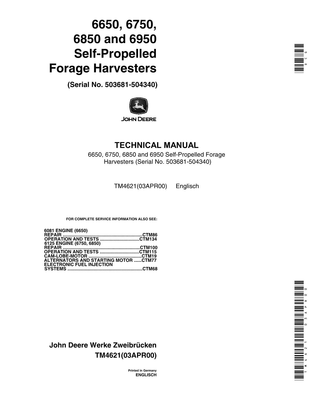 JOHN DEERE 6650 6750 6850 6950 MÄHDRESCHER SERVICEHANDBUCH SER 503681-504340