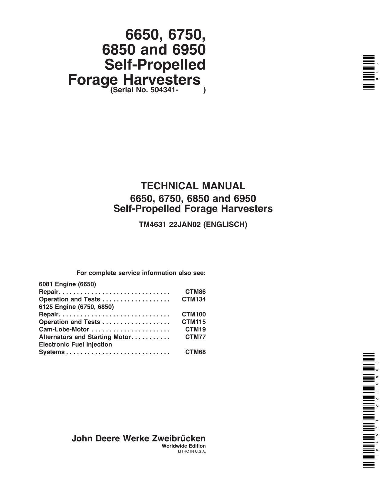 MANUEL D'ENTRETIEN DE LA MOISSONNEUSE JOHN DEERE 6650 6750 6850 6950 SER 504341-