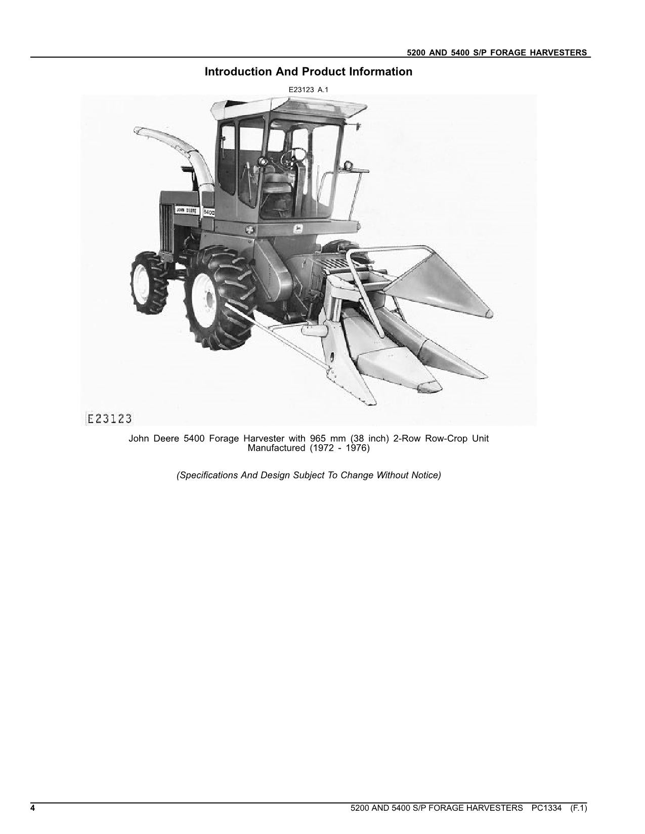 JOHN DEERE 5200 5400 HARVESTER PARTS CATALOG MANUAL