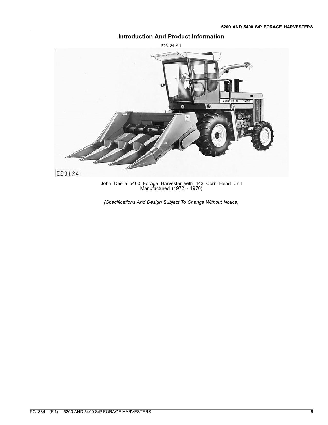 JOHN DEERE 5200 5400 HARVESTER PARTS CATALOG MANUAL