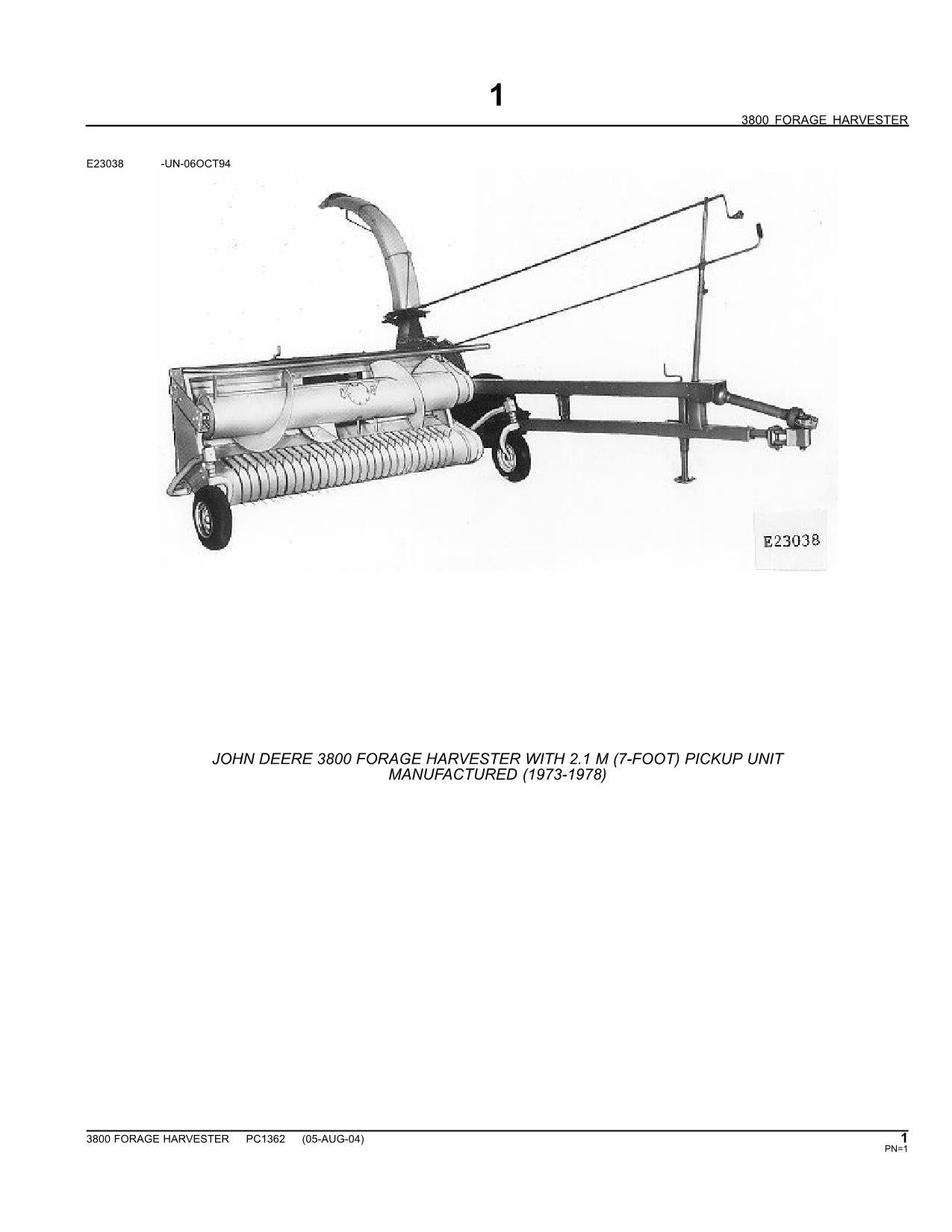 JOHN DEERE 3800 HARVESTER PARTS CATALOG MANUAL