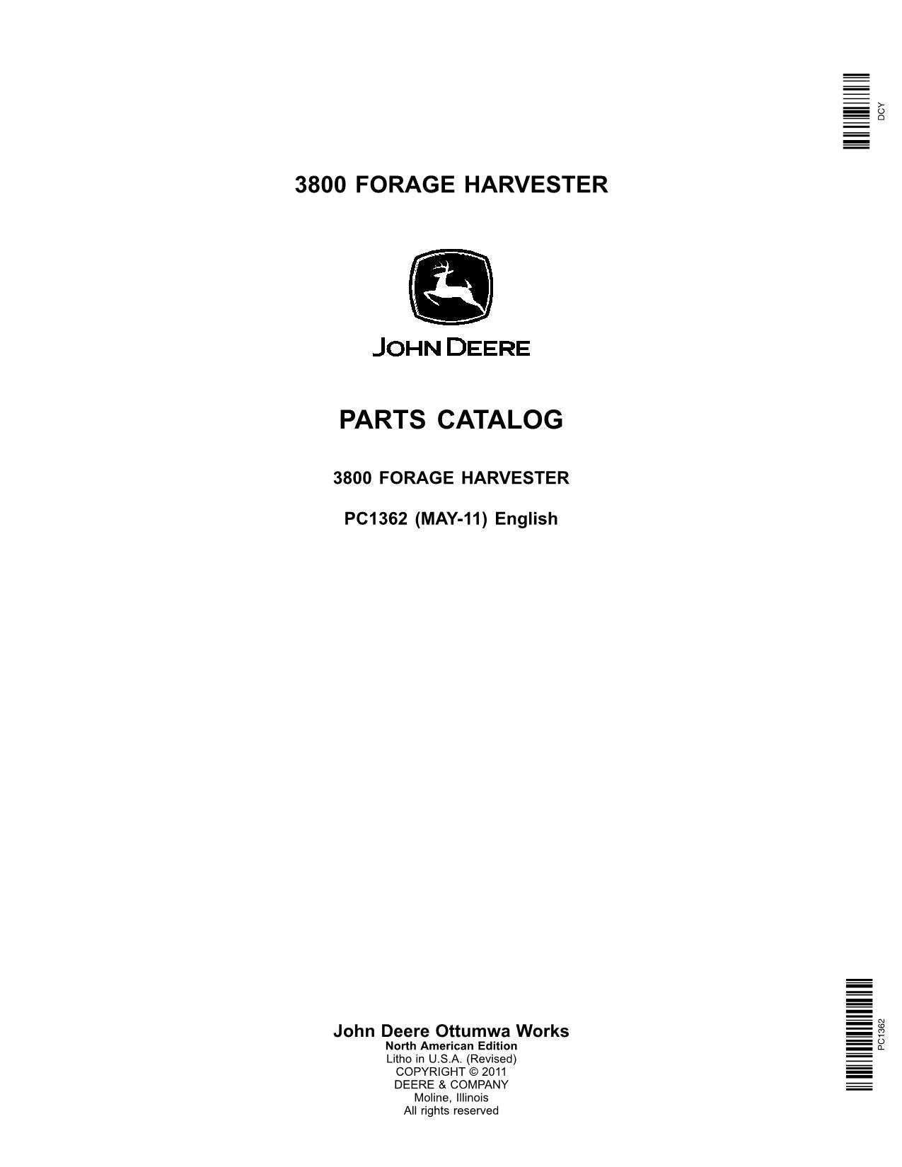 JOHN DEERE 3800 HARVESTER PARTS CATALOG MANUAL