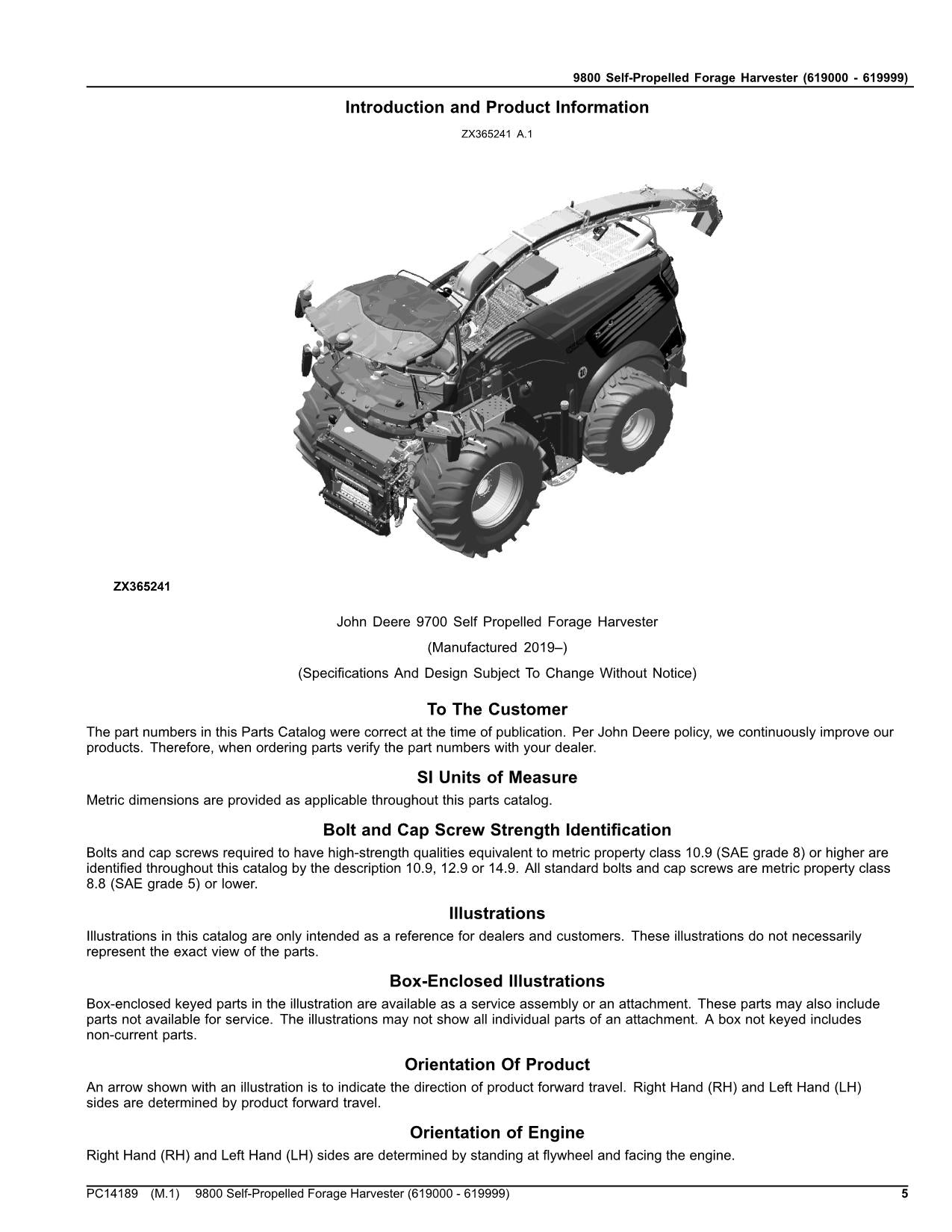 JOHN DEERE 9800 HARVESTER PARTS CATALOG MANUAL SER 619000-619999