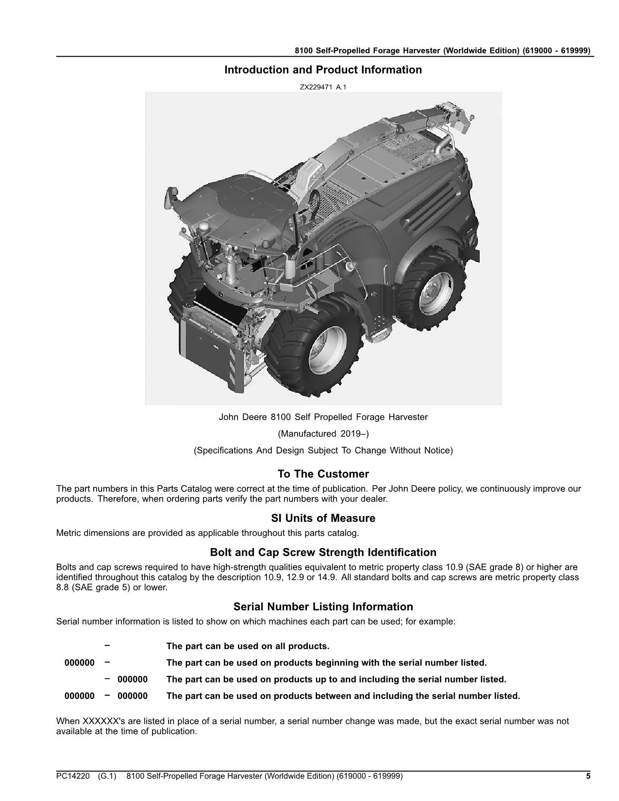 JOHN DEERE 8100 HARVESTER PARTS CATALOG MANUAL SER 619000 - 619999