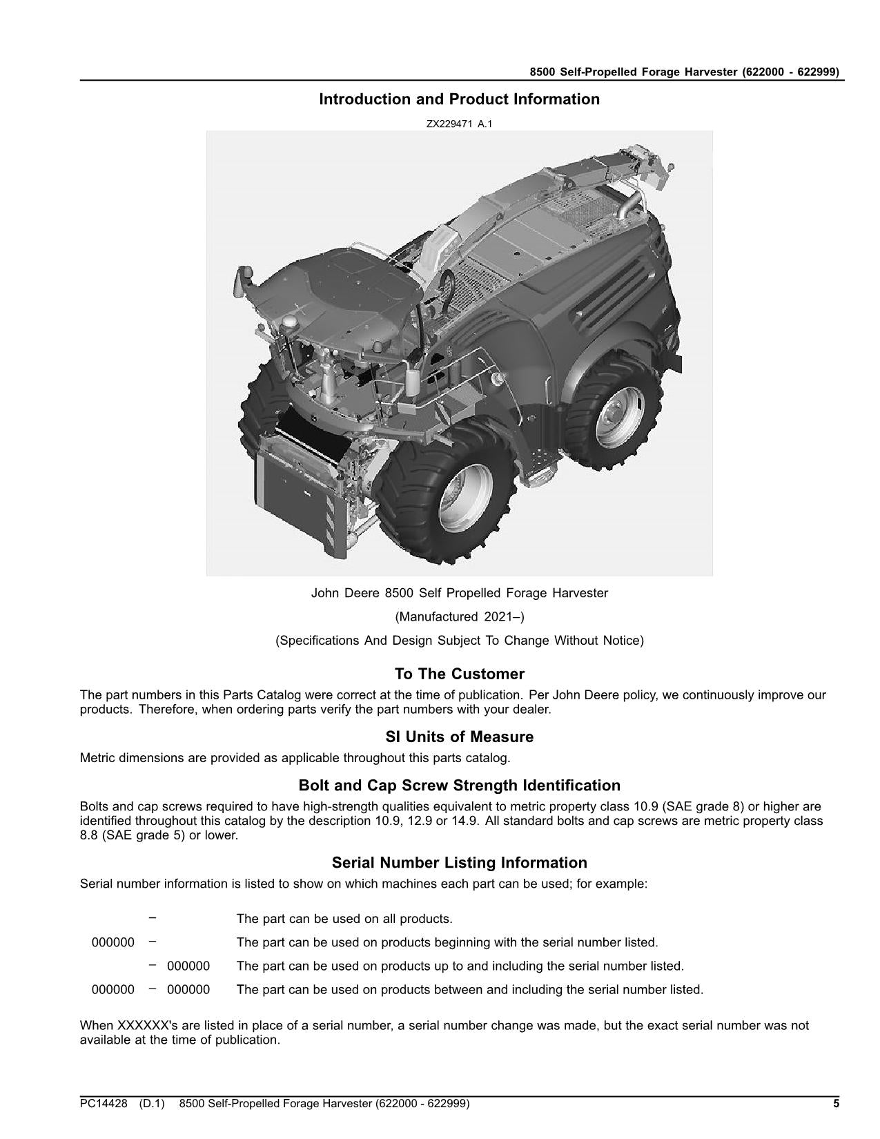 JOHN DEERE 8500 HARVESTER PARTS CATALOG MANUAL SER 622000 - 622999