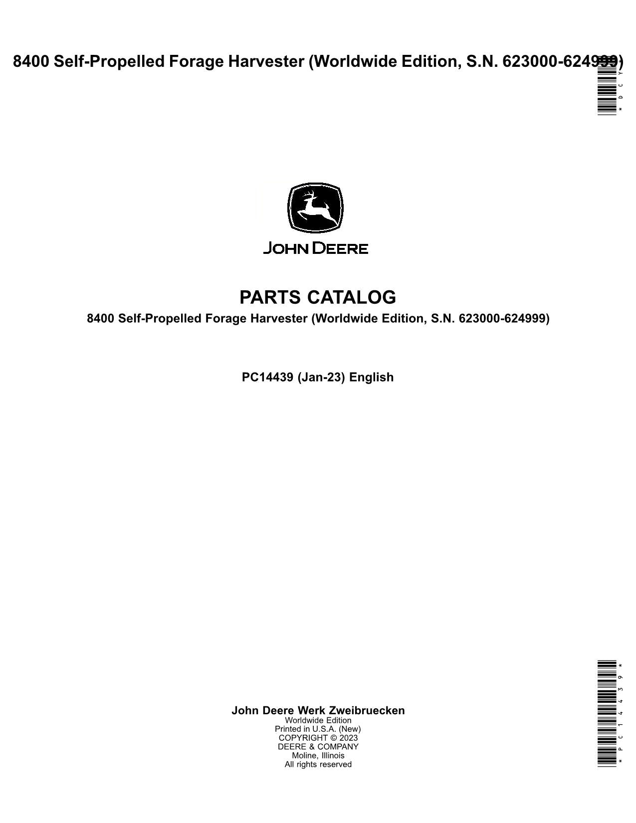 JOHN DEERE 8400 HARVESTER PARTS CATALOG MANUAL SER 623000-624999