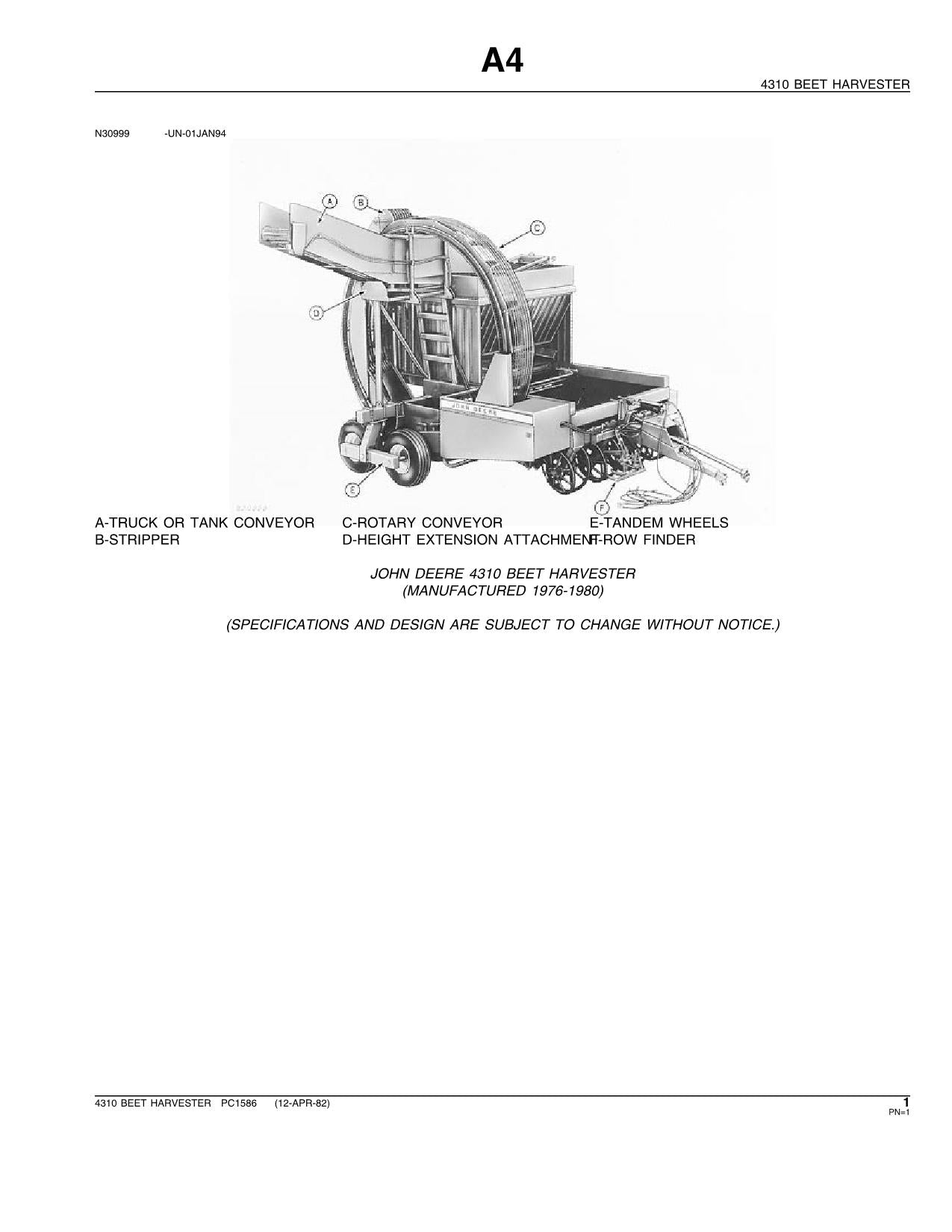 JOHN DEERE 4310 HARVESTER PARTS CATALOG MANUAL