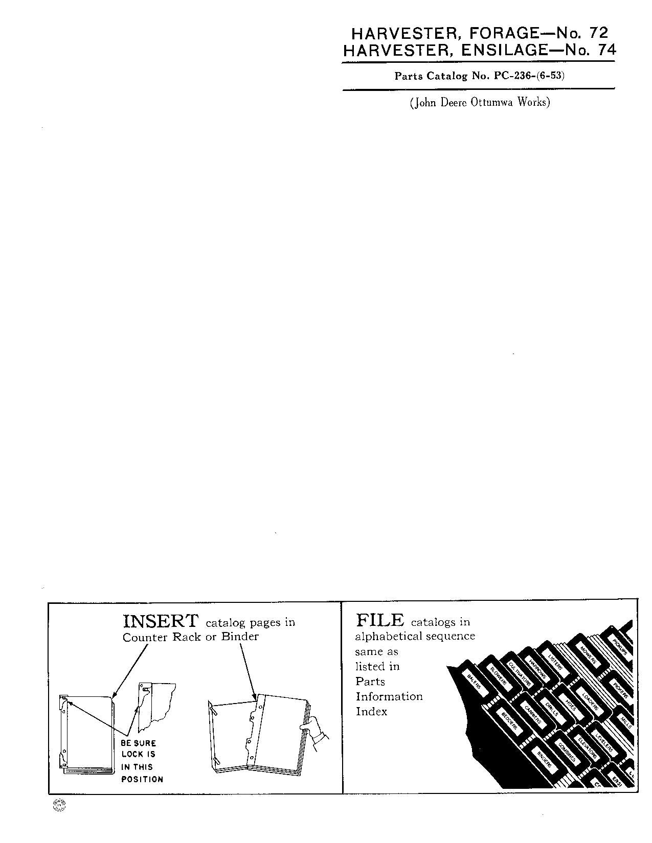 JOHN DEERE FORAGE 72 ENSILAGE 74 HARVESTER PARTS CATALOG MANUAL